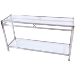 Brushed Steel and Brass Console Table with Bevelled Glass Shelves