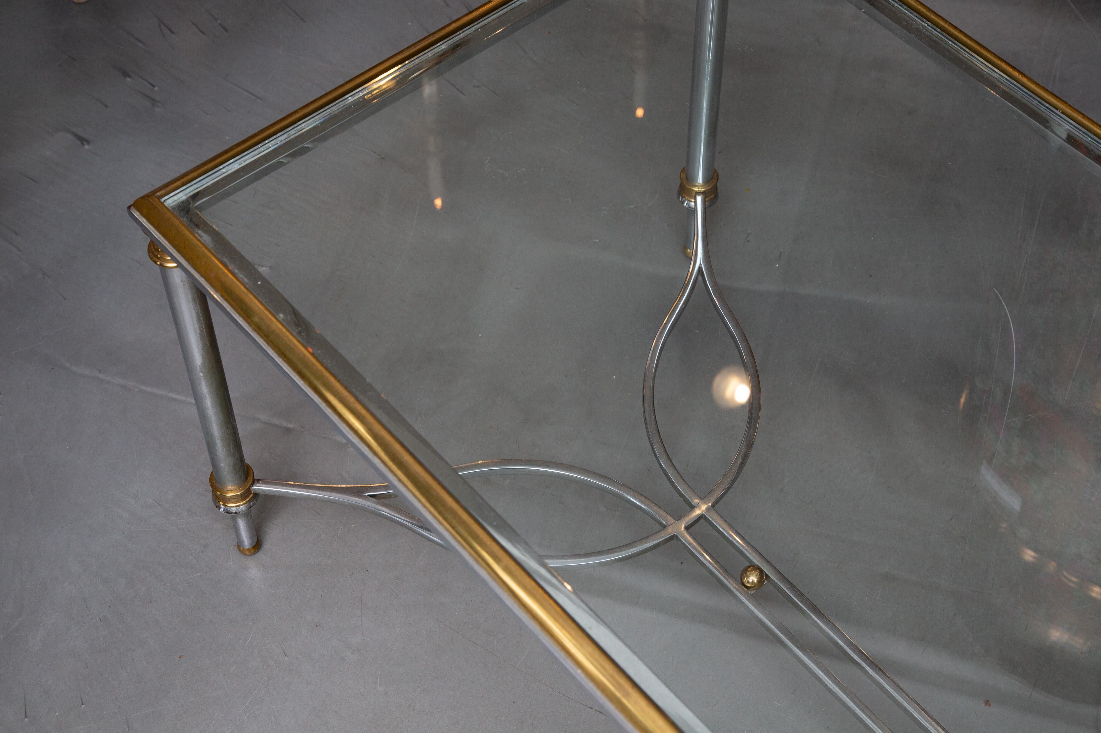 French Brushed Steel and Brass Glass Top Coffee Table Attributed to Maison Jansen For Sale