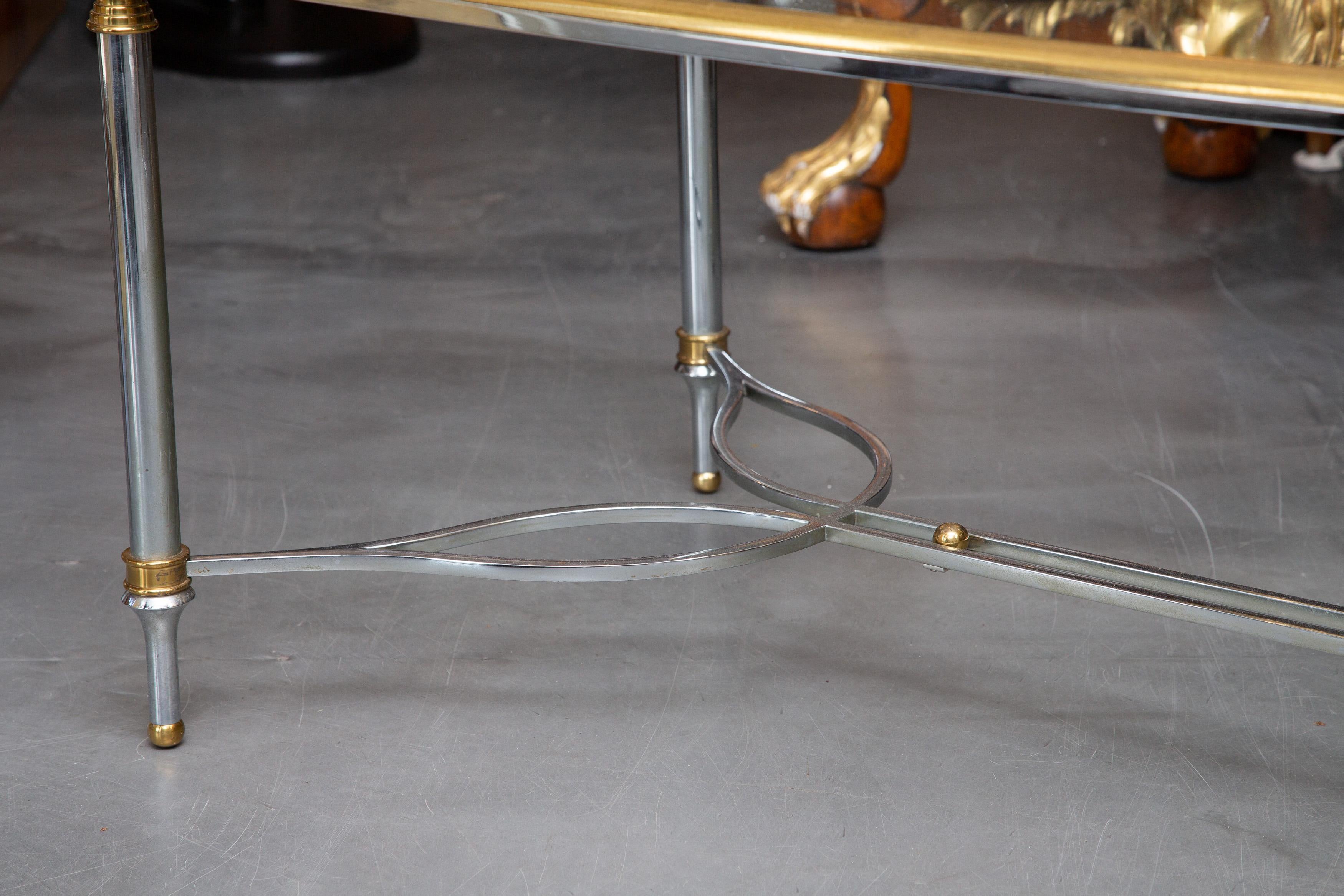 Polished Brushed Steel and Brass Glass Top Coffee Table Attributed to Maison Jansen For Sale