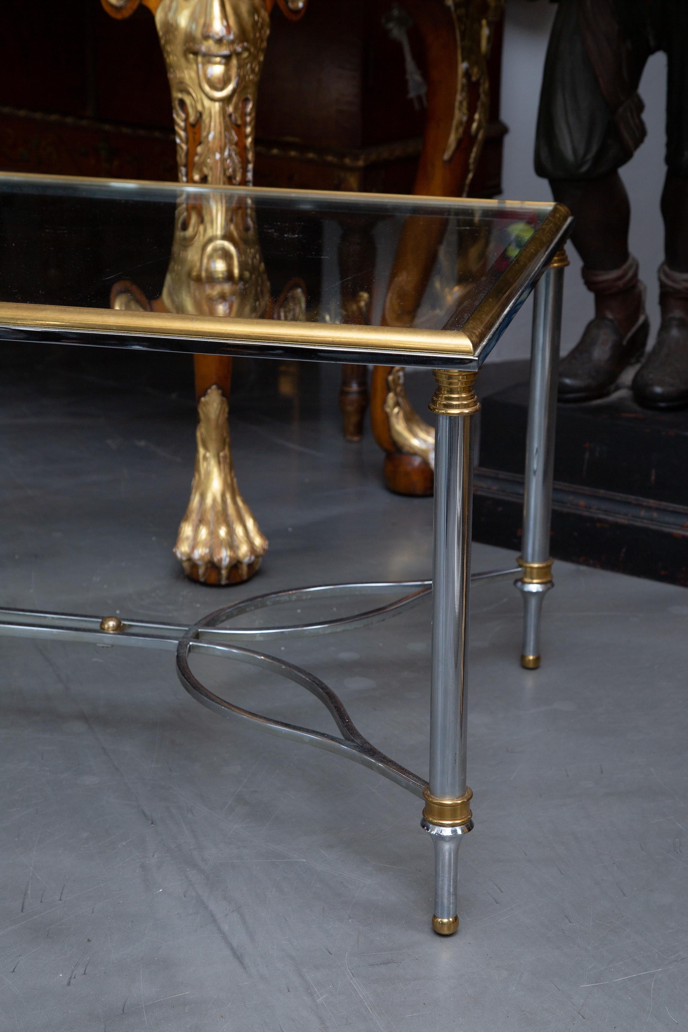 Brushed Steel and Brass Glass Top Coffee Table Attributed to Maison Jansen In Good Condition For Sale In WEST PALM BEACH, FL
