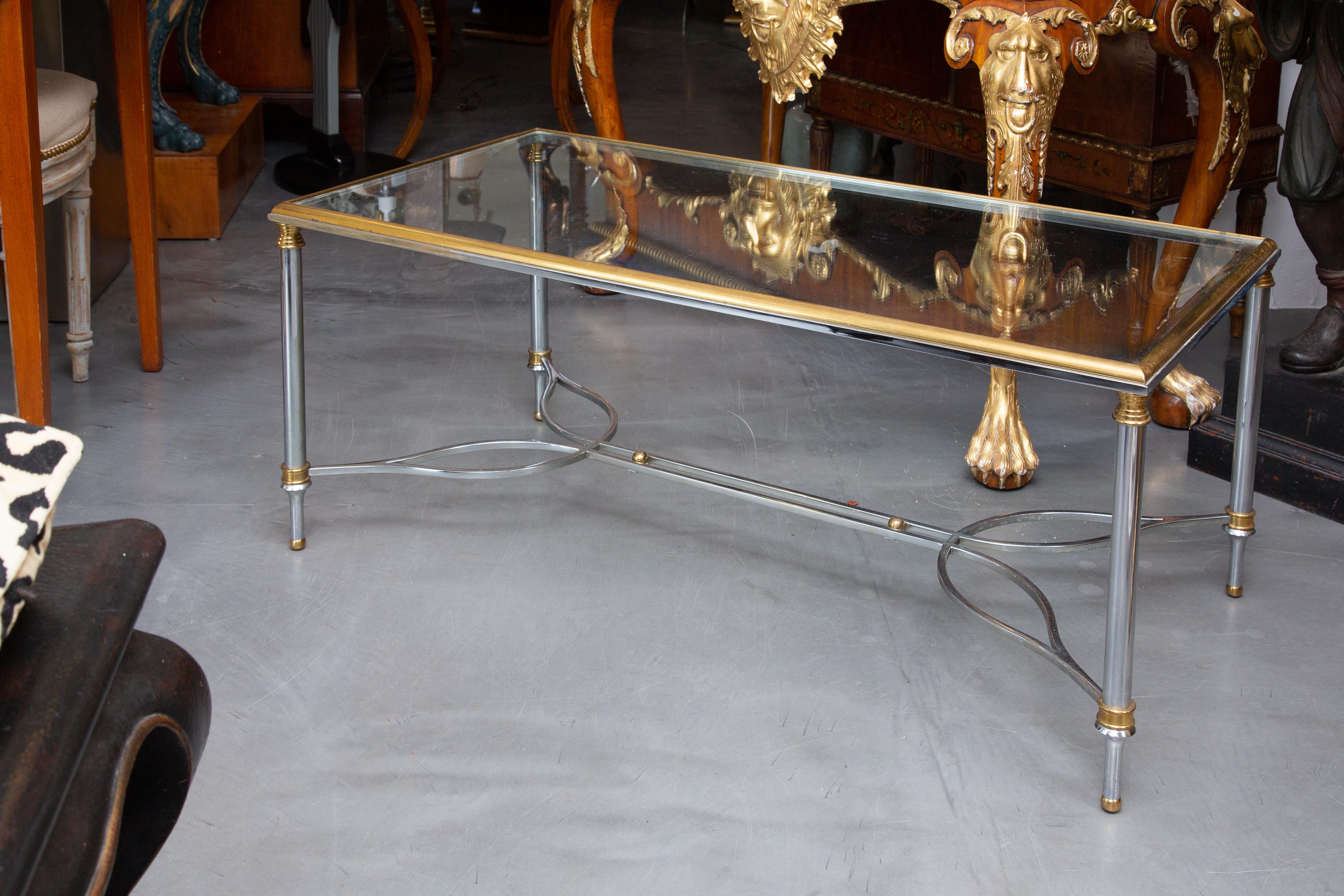 20th Century Brushed Steel and Brass Glass Top Coffee Table Attributed to Maison Jansen For Sale