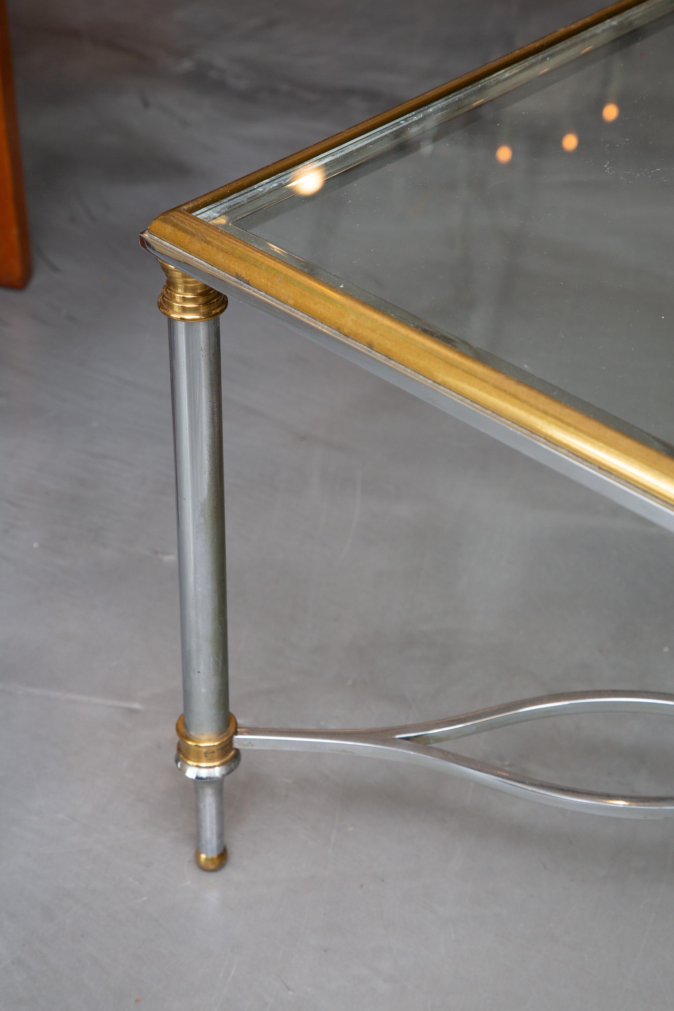 Brushed Steel and Brass Glass Top Coffee Table Attributed to Maison Jansen For Sale 1