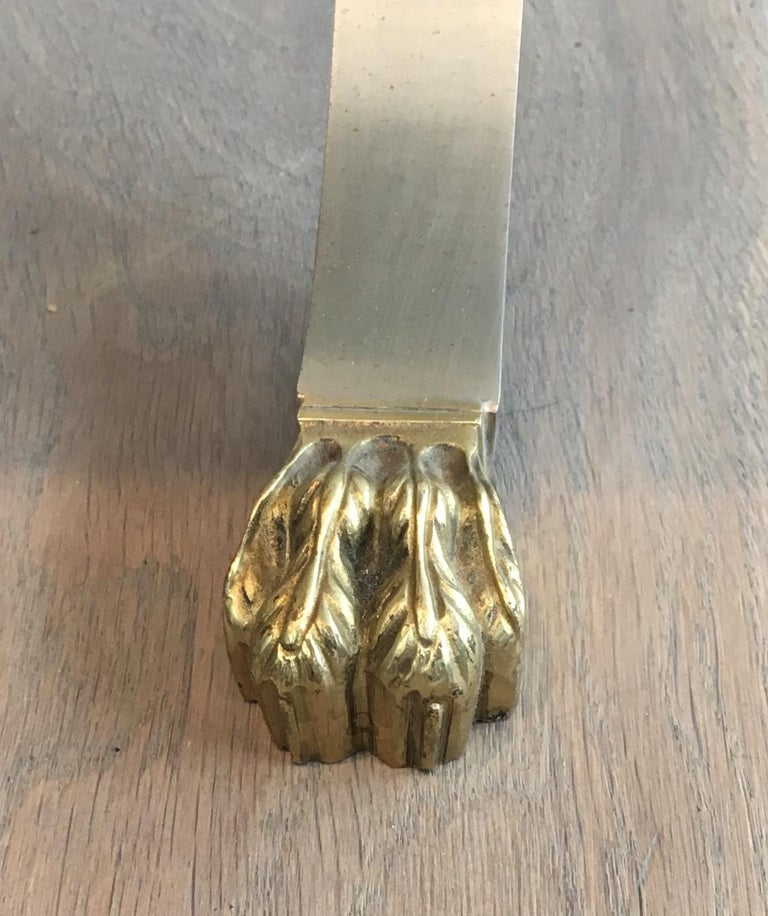 Brushed Steel and Brass Lion Feet Coffee Table with White Marble Top