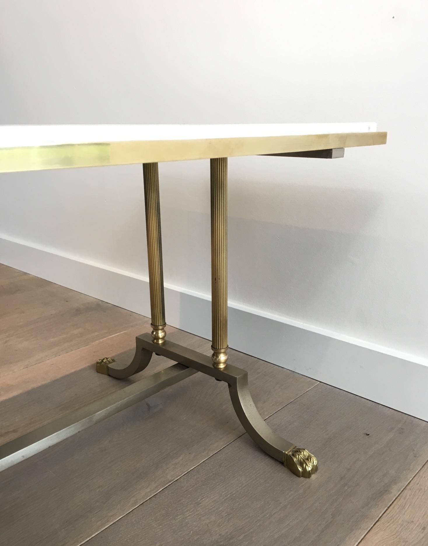 Brushed Steel and Brass Lion Feet Coffee Table with White Marble Top, circa 1940 9
