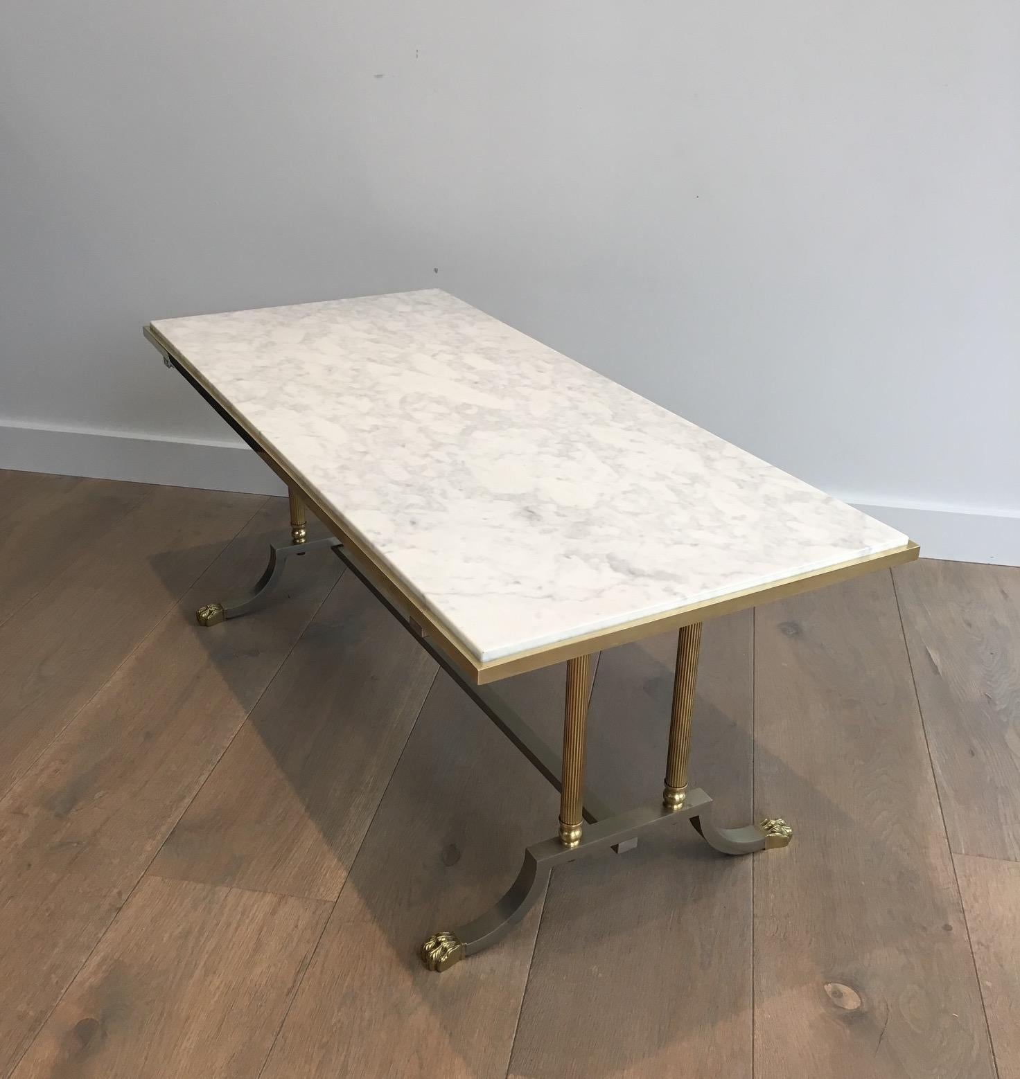 Brushed Steel and Brass Lion Feet Coffee Table with White Marble Top, circa 1940 10