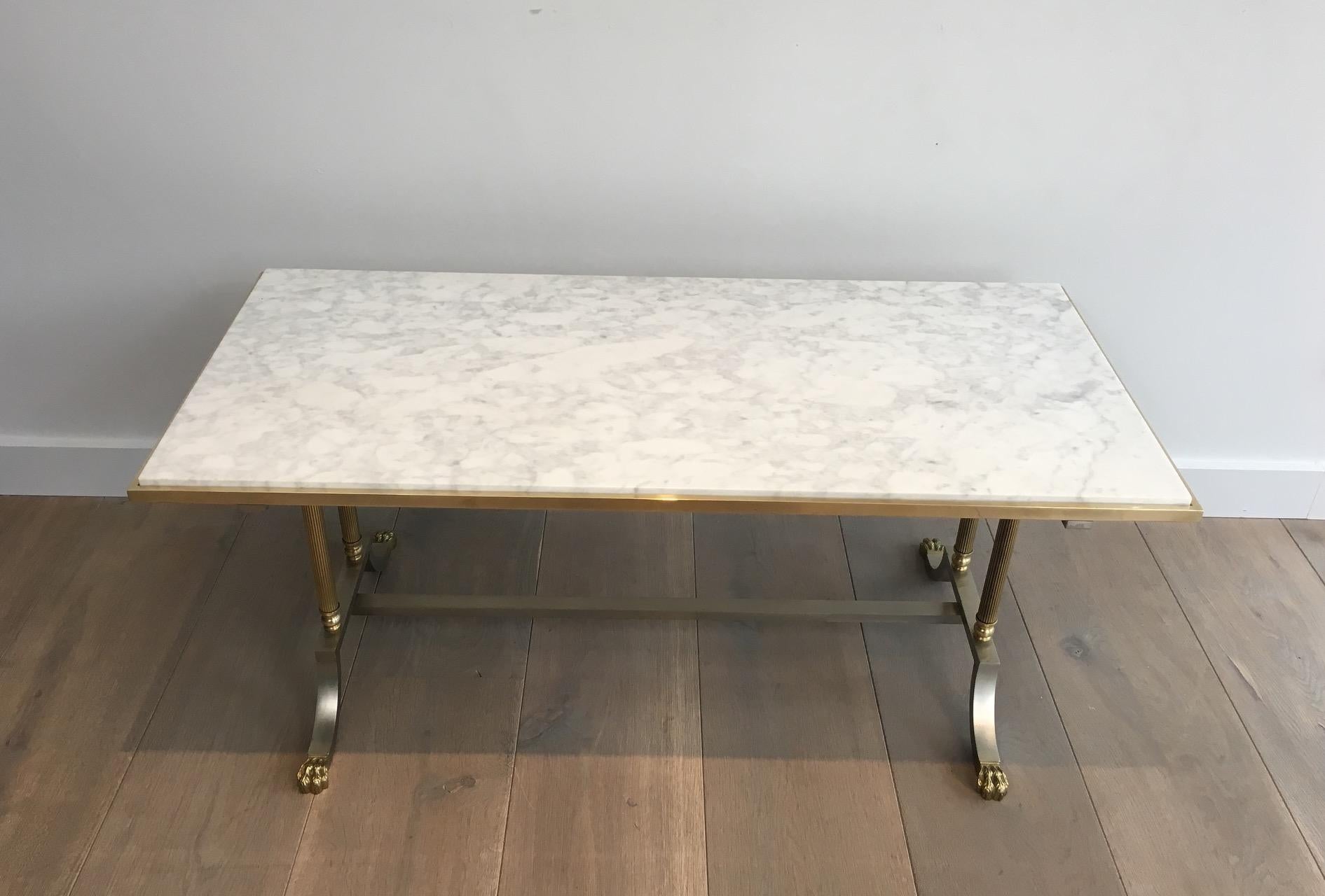 Brushed Steel and Brass Lion Feet Coffee Table with White Marble Top, circa 1940 11