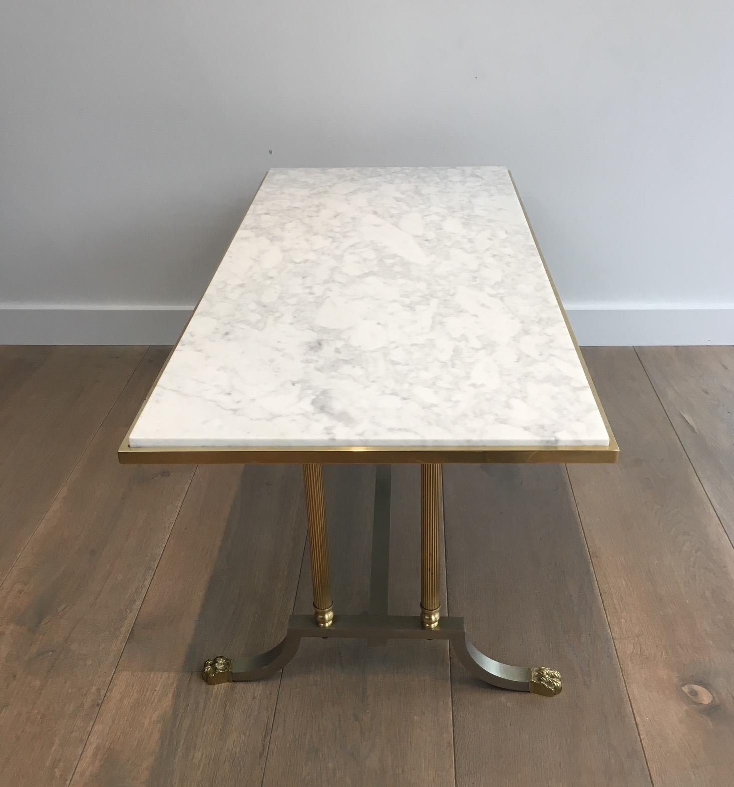 Brushed Steel and Brass Lion Feet Coffee Table with White Marble Top, circa 1940 12