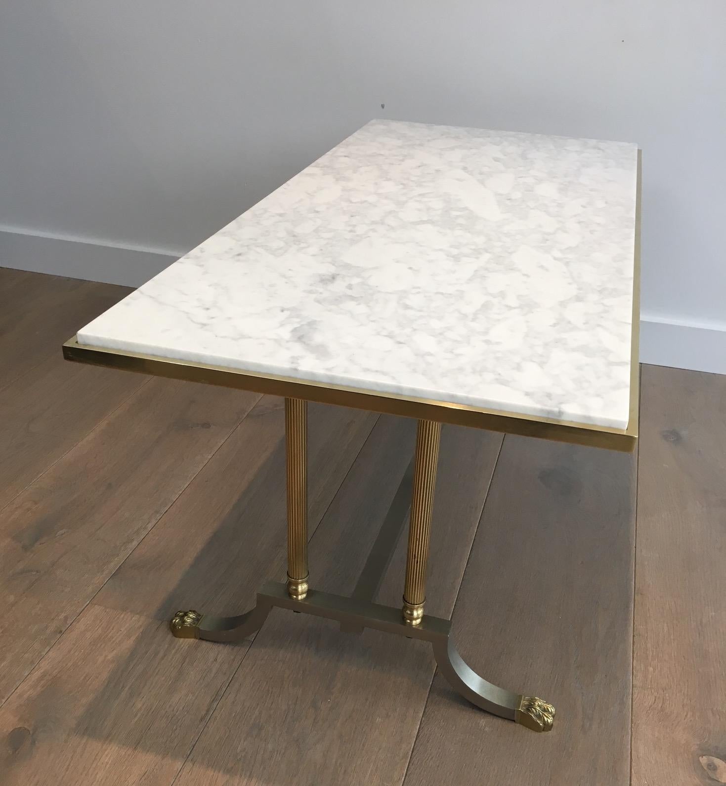 Brushed Steel and Brass Lion Feet Coffee Table with White Marble Top, circa 1940 13
