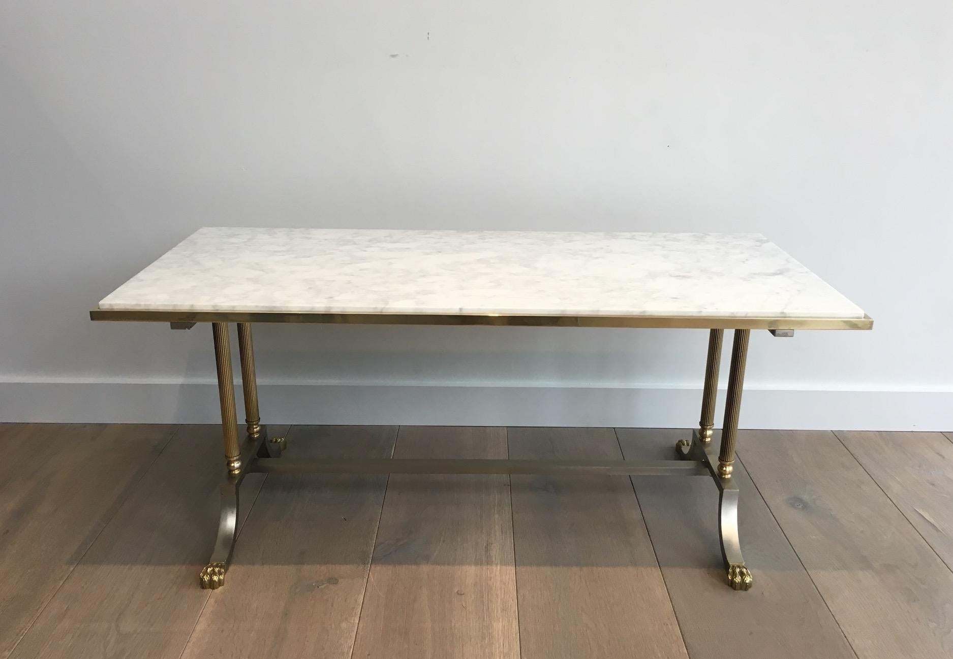 Brushed Steel and Brass Lion Feet Coffee Table with White Marble Top, circa 1940 14