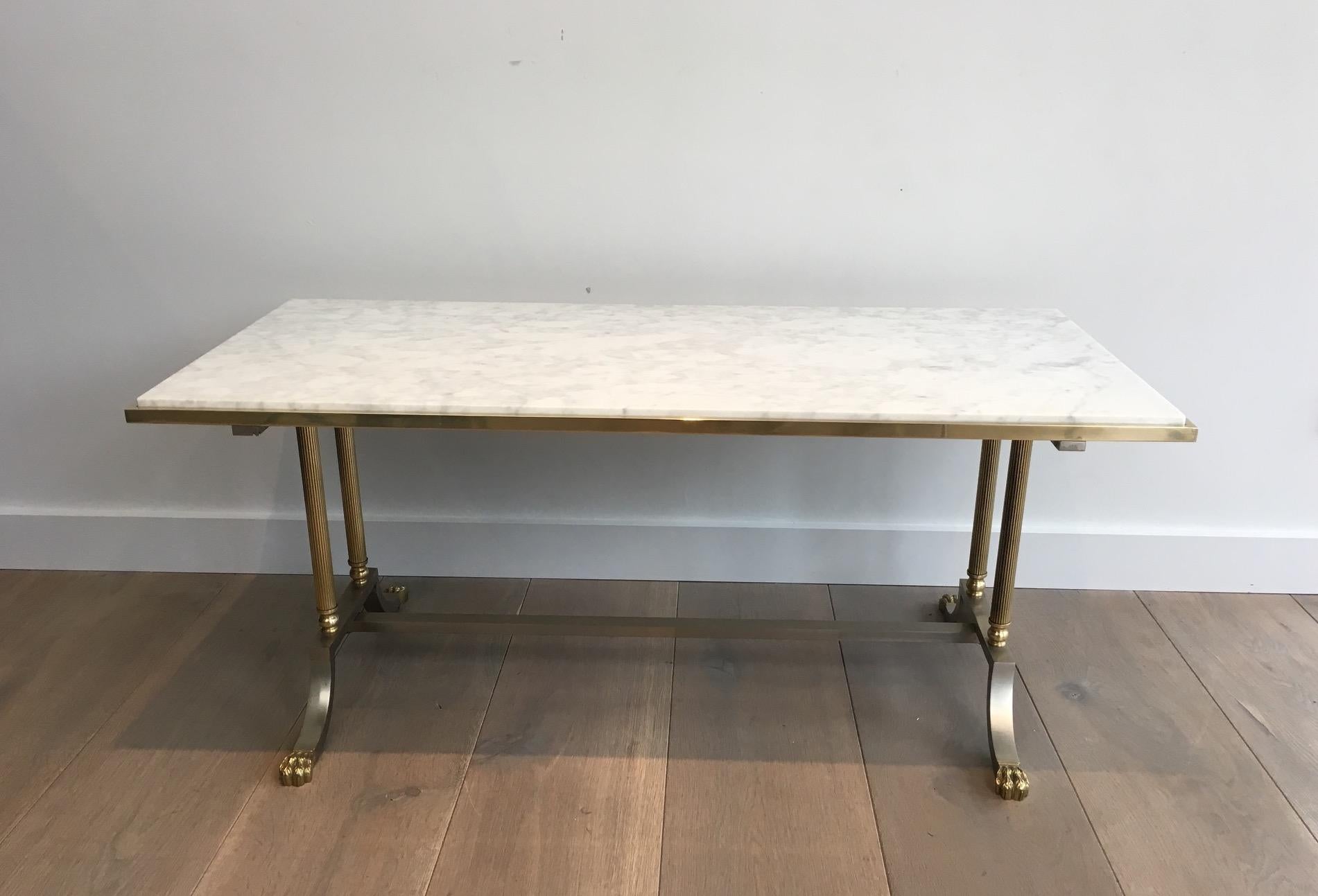 Neoclassical Brushed Steel and Brass Lion Feet Coffee Table with White Marble Top, circa 1940