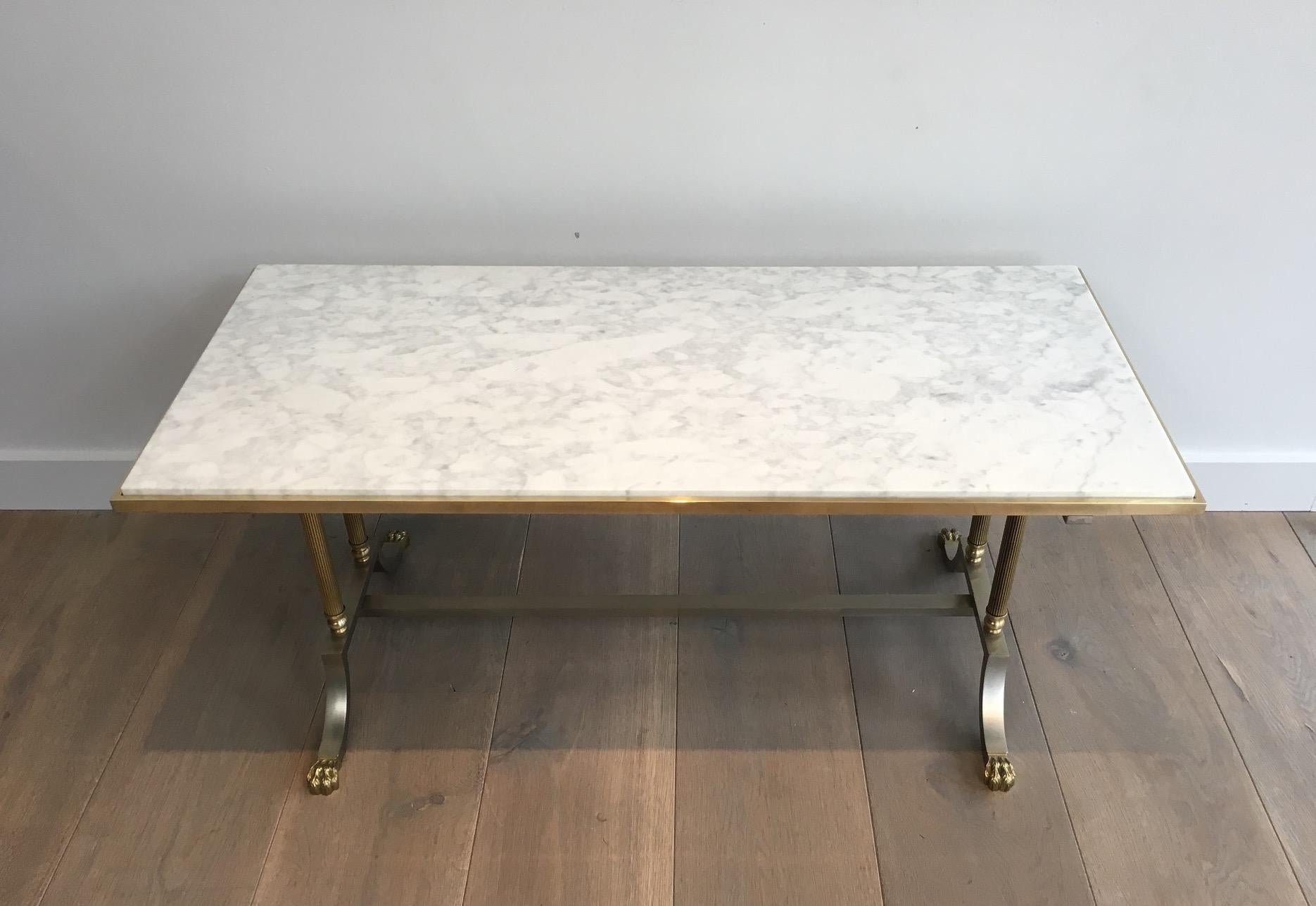 French Brushed Steel and Brass Lion Feet Coffee Table with White Marble Top, circa 1940