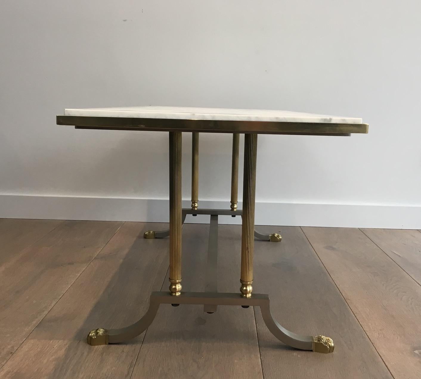 Brushed Steel and Brass Lion Feet Coffee Table with White Marble Top, circa 1940 1