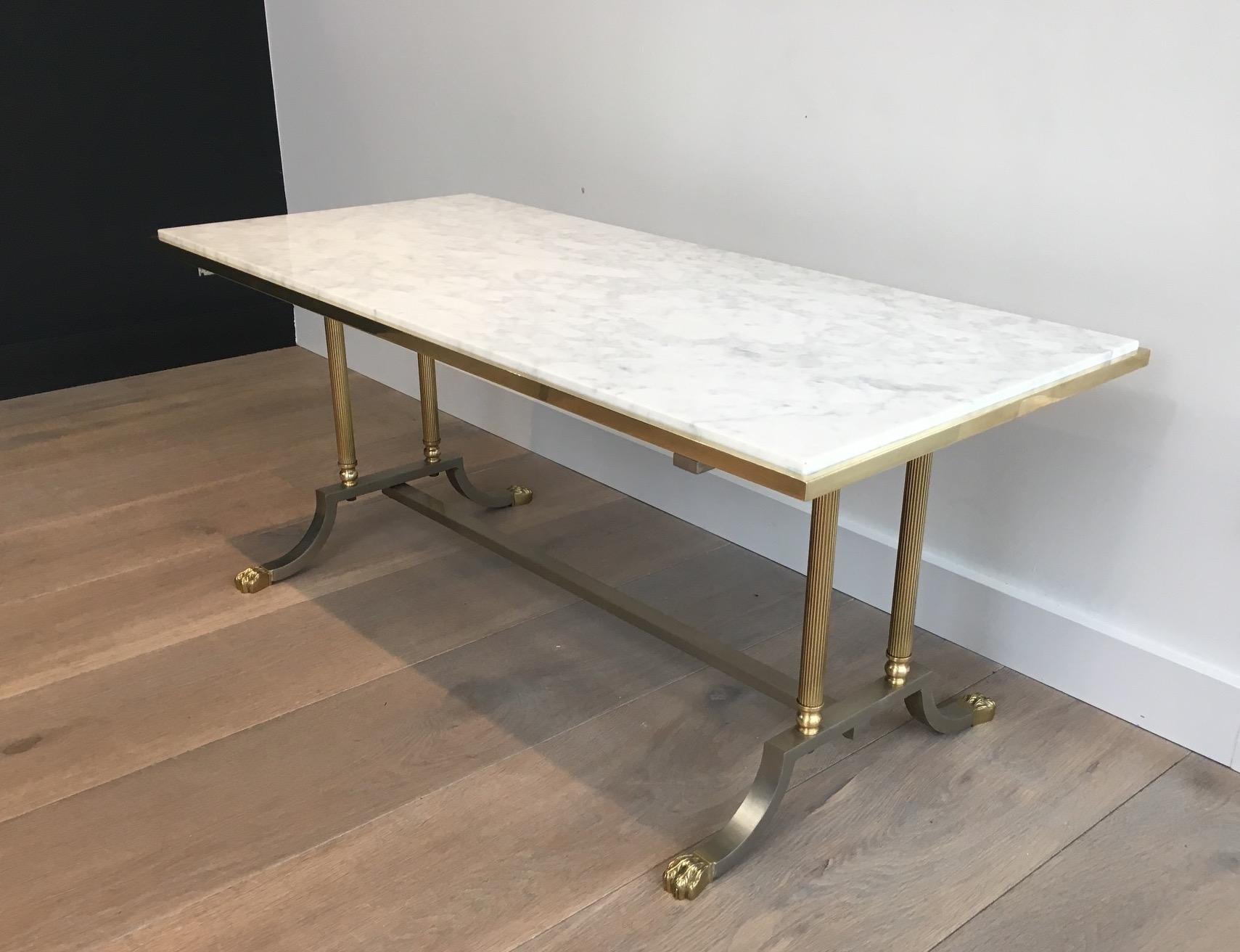 Brushed Steel and Brass Lion Feet Coffee Table with White Marble Top, circa 1940 2