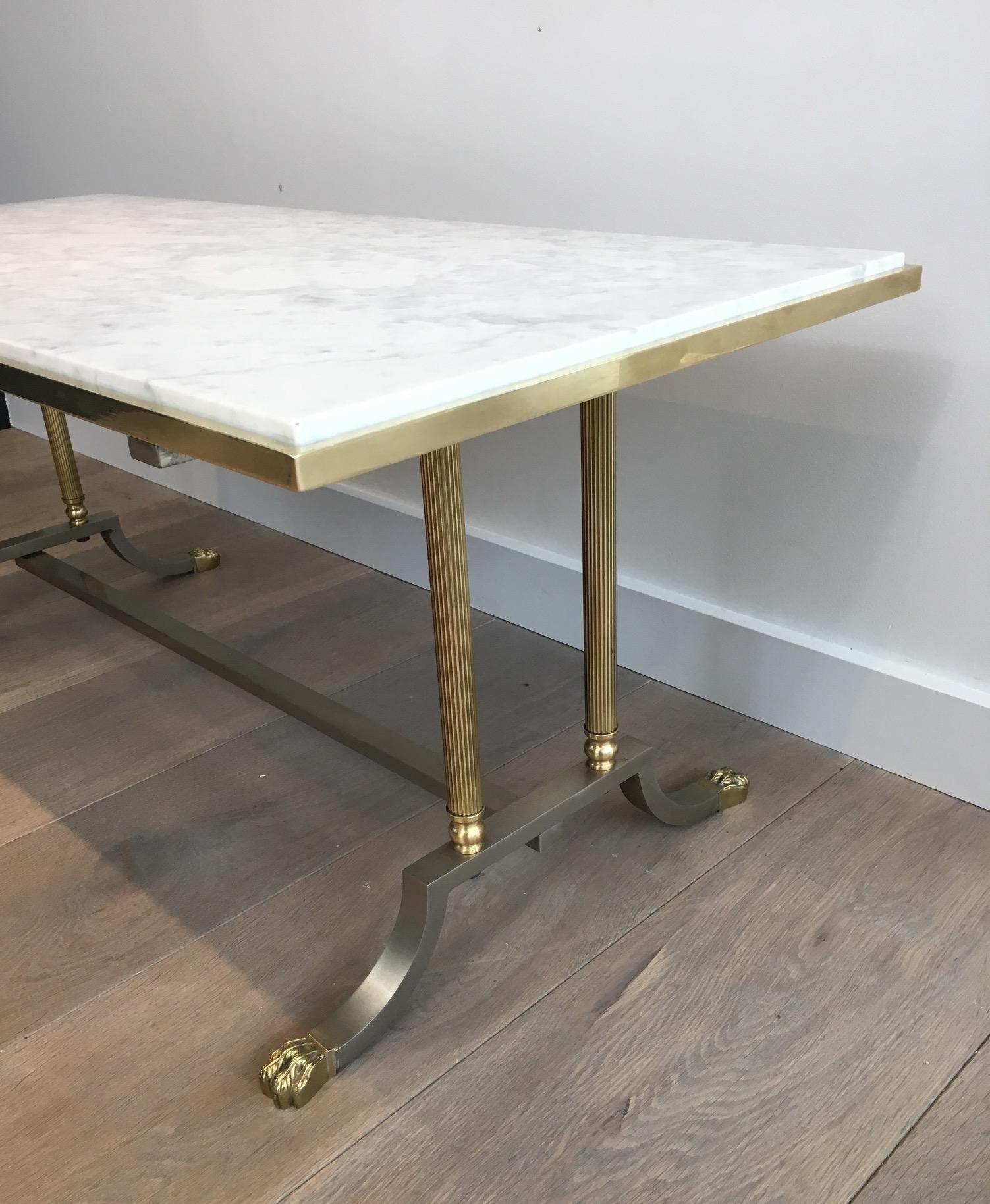 Brushed Steel and Brass Lion Feet Coffee Table with White Marble Top, circa 1940 3