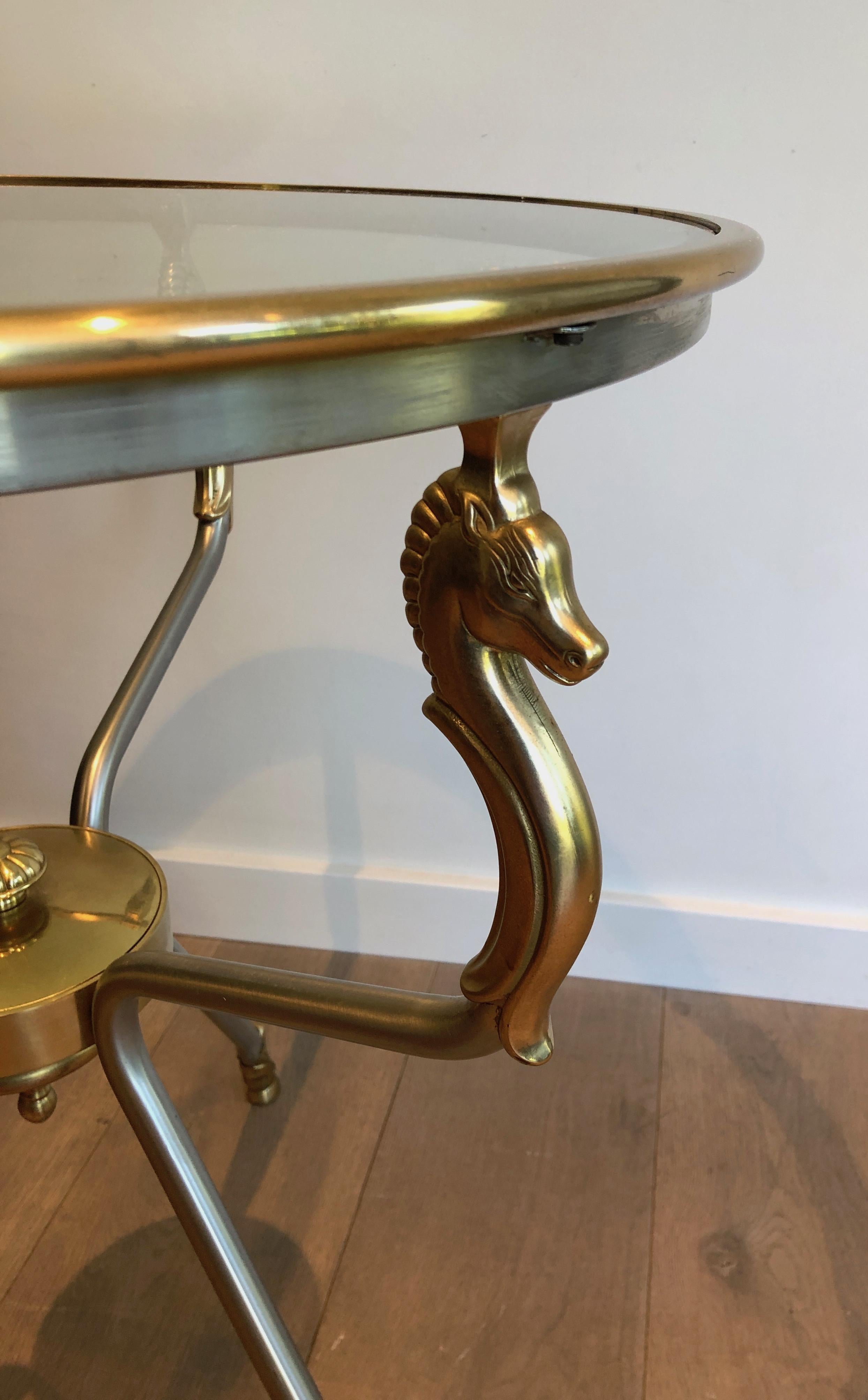 Brushed Steel and Brass Seahorse Heads Gueridon in the Style of Maison Jansen For Sale 9
