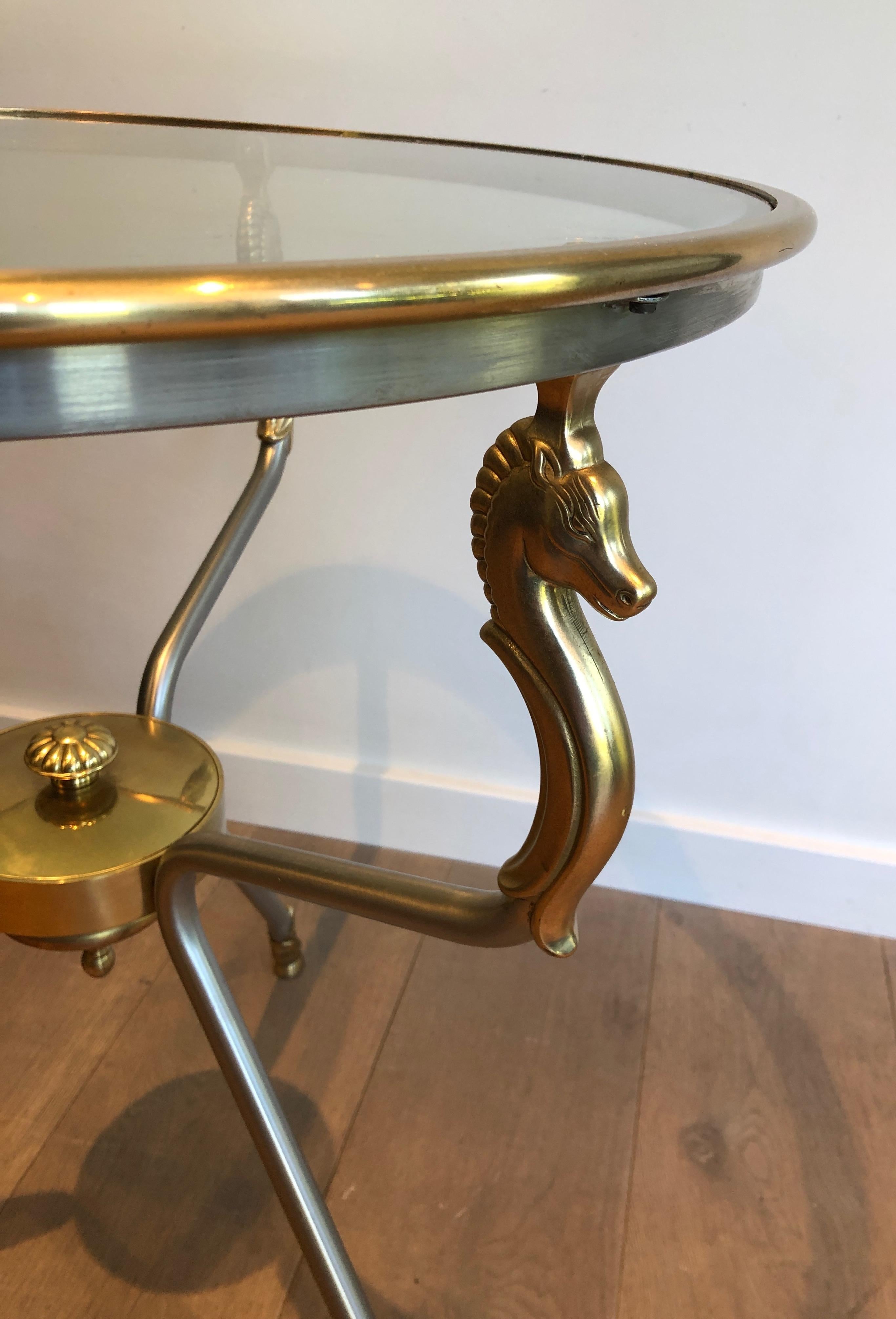 Late 20th Century Brushed Steel and Brass Seahorse Heads Gueridon in the Style of Maison Jansen For Sale