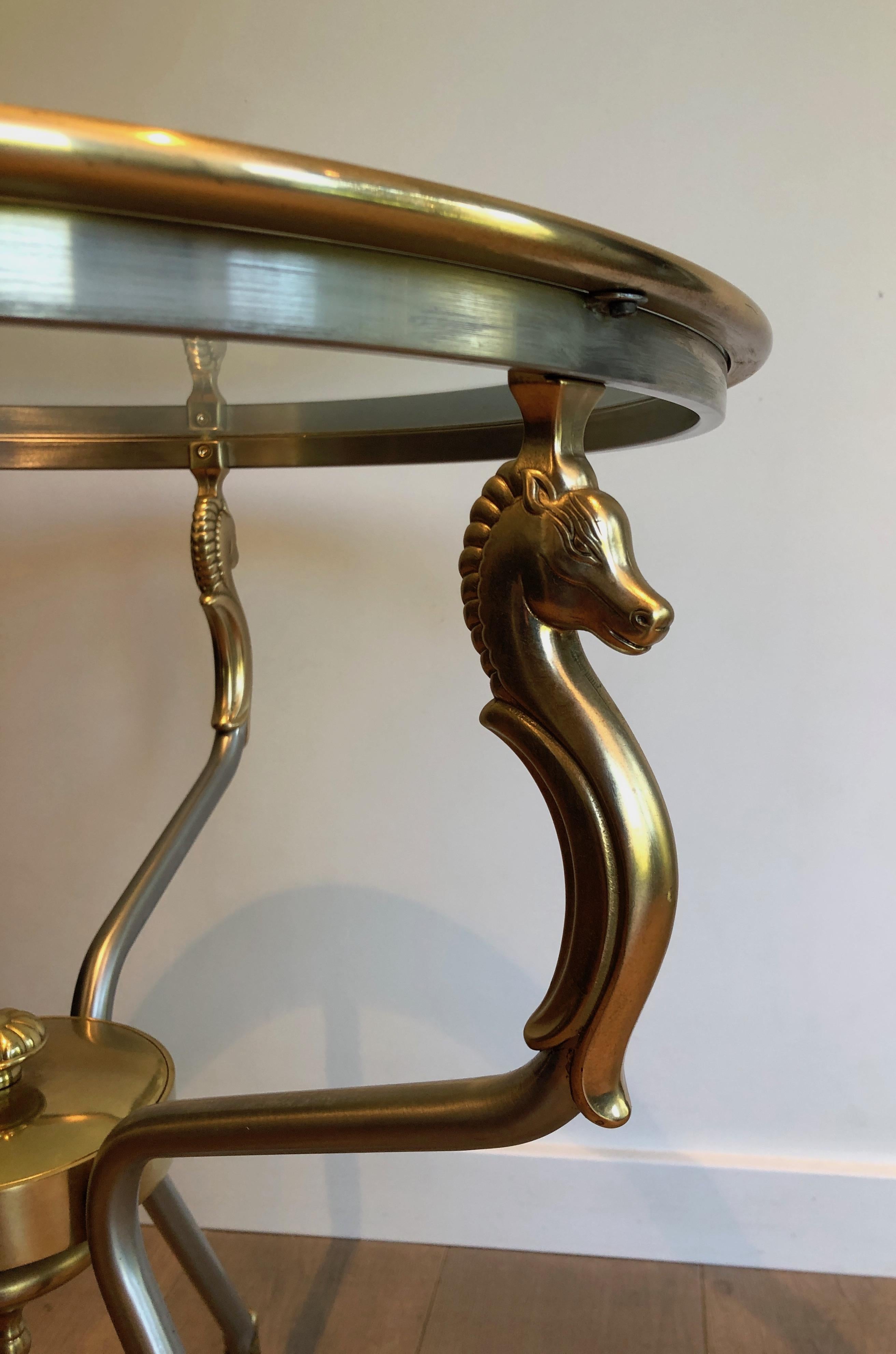 Brushed Steel and Brass Seahorse Heads Gueridon in the Style of Maison Jansen For Sale 1