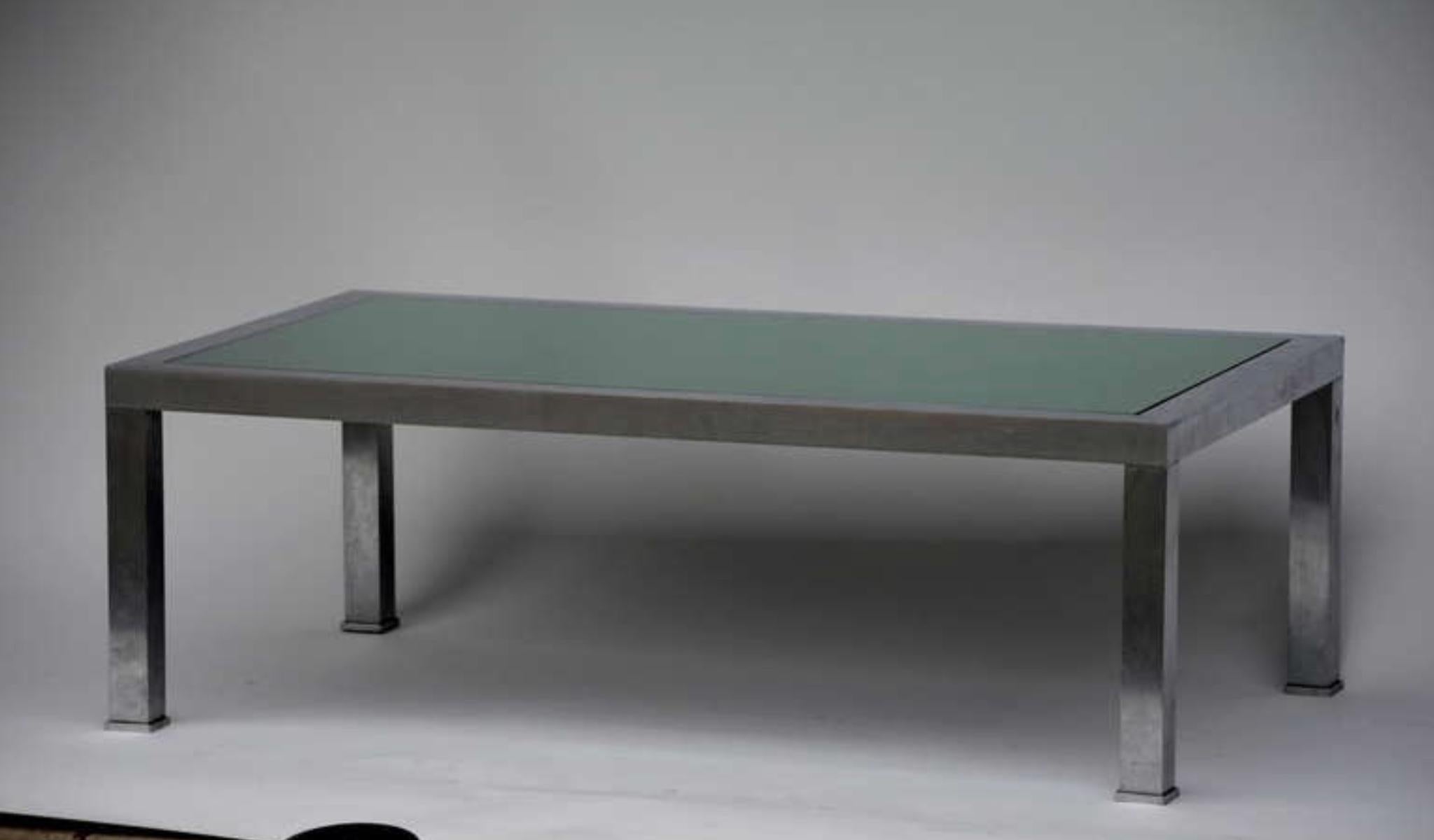 French Brushed Steel and Emerald Mirror Cocktail Table by Guy Lefevre