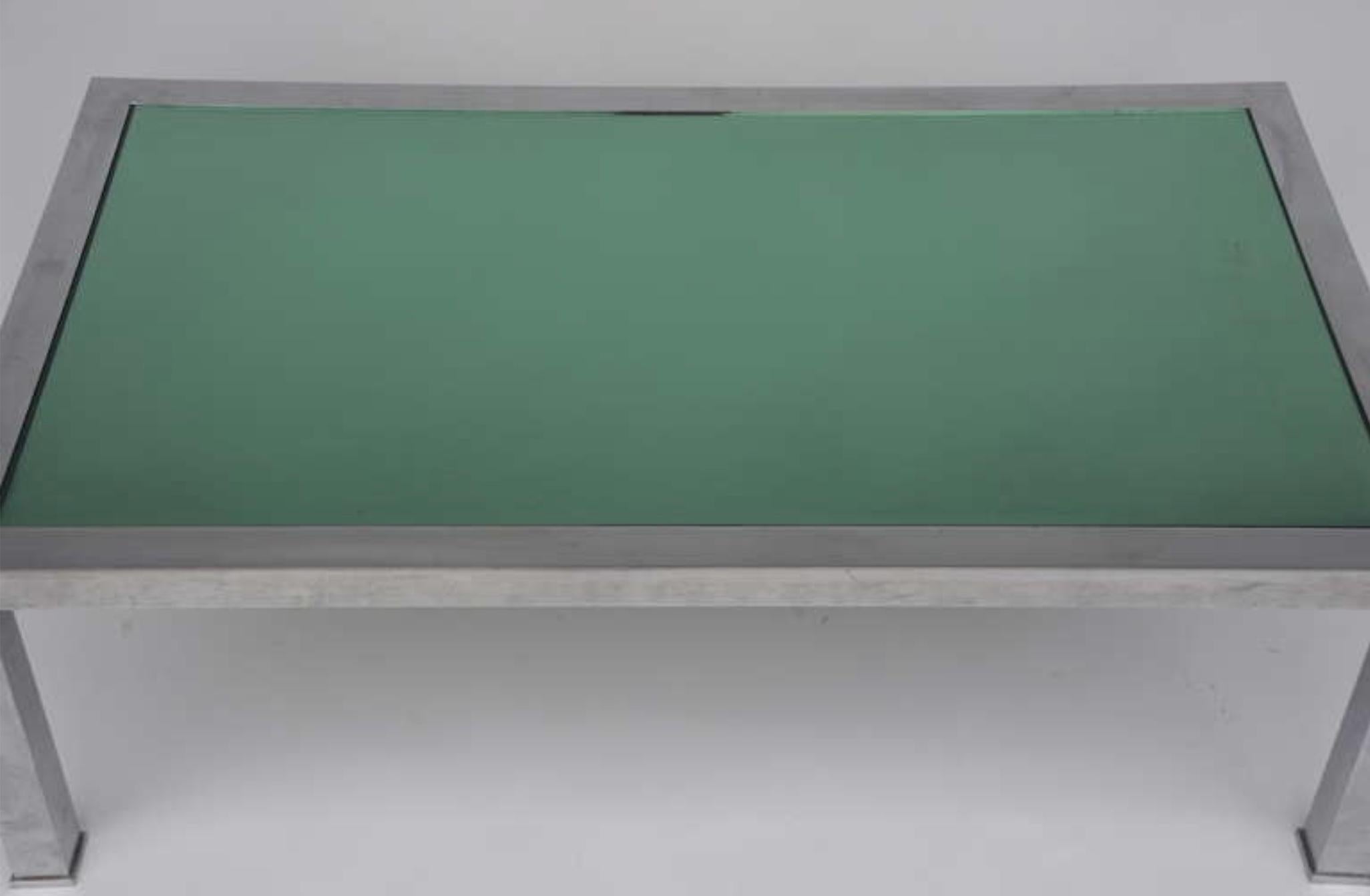 Late 20th Century Brushed Steel and Emerald Mirror Cocktail Table by Guy Lefevre