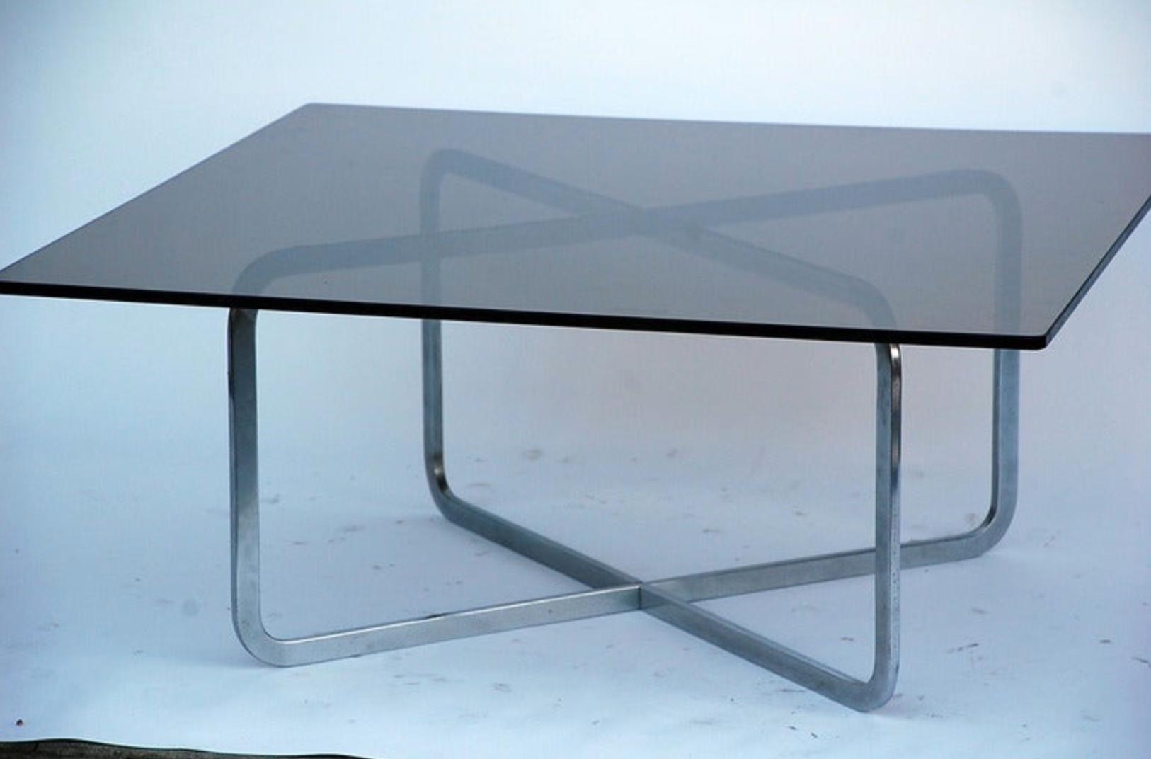 French Brushed Steel and Smoked Glass Coffee Table in the Style of Michel Boyer For Sale