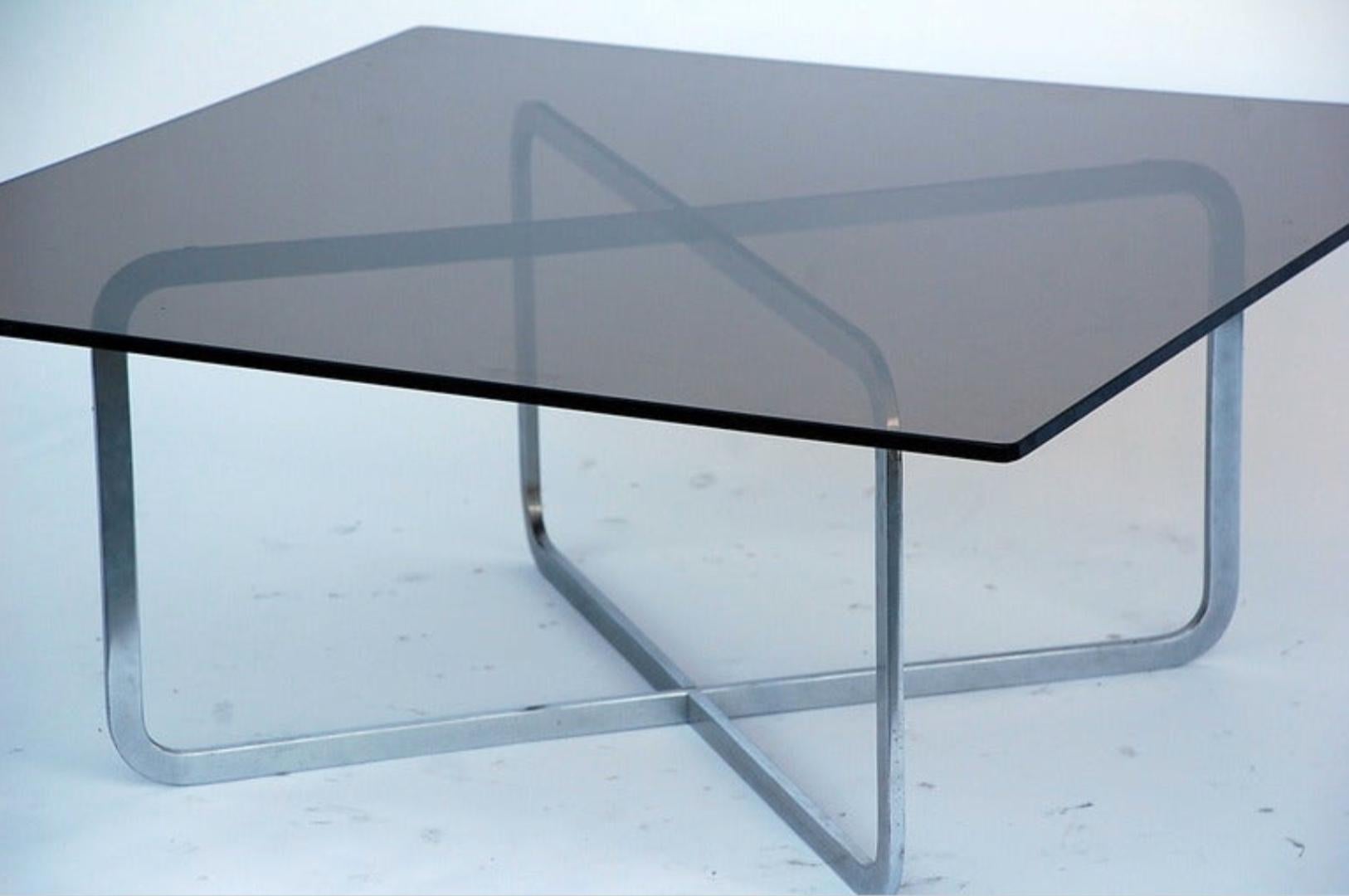 Brushed Steel and Smoked Glass Coffee Table in the Style of Michel Boyer In Good Condition For Sale In Los Angeles, CA