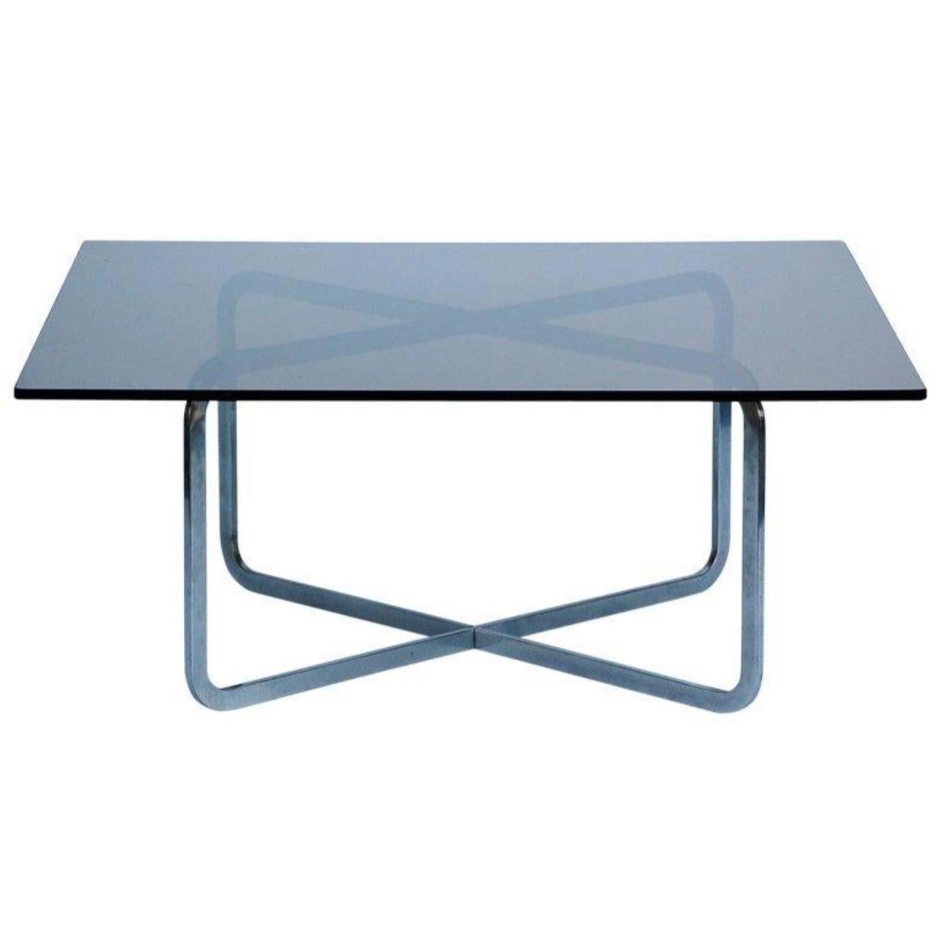 Late 20th Century Brushed Steel and Smoked Glass Coffee Table in the Style of Michel Boyer For Sale