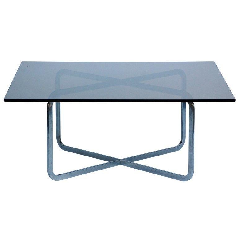 Brushed Steel and Smoked Glass Coffee Table in the Style of Michel Boyer For Sale