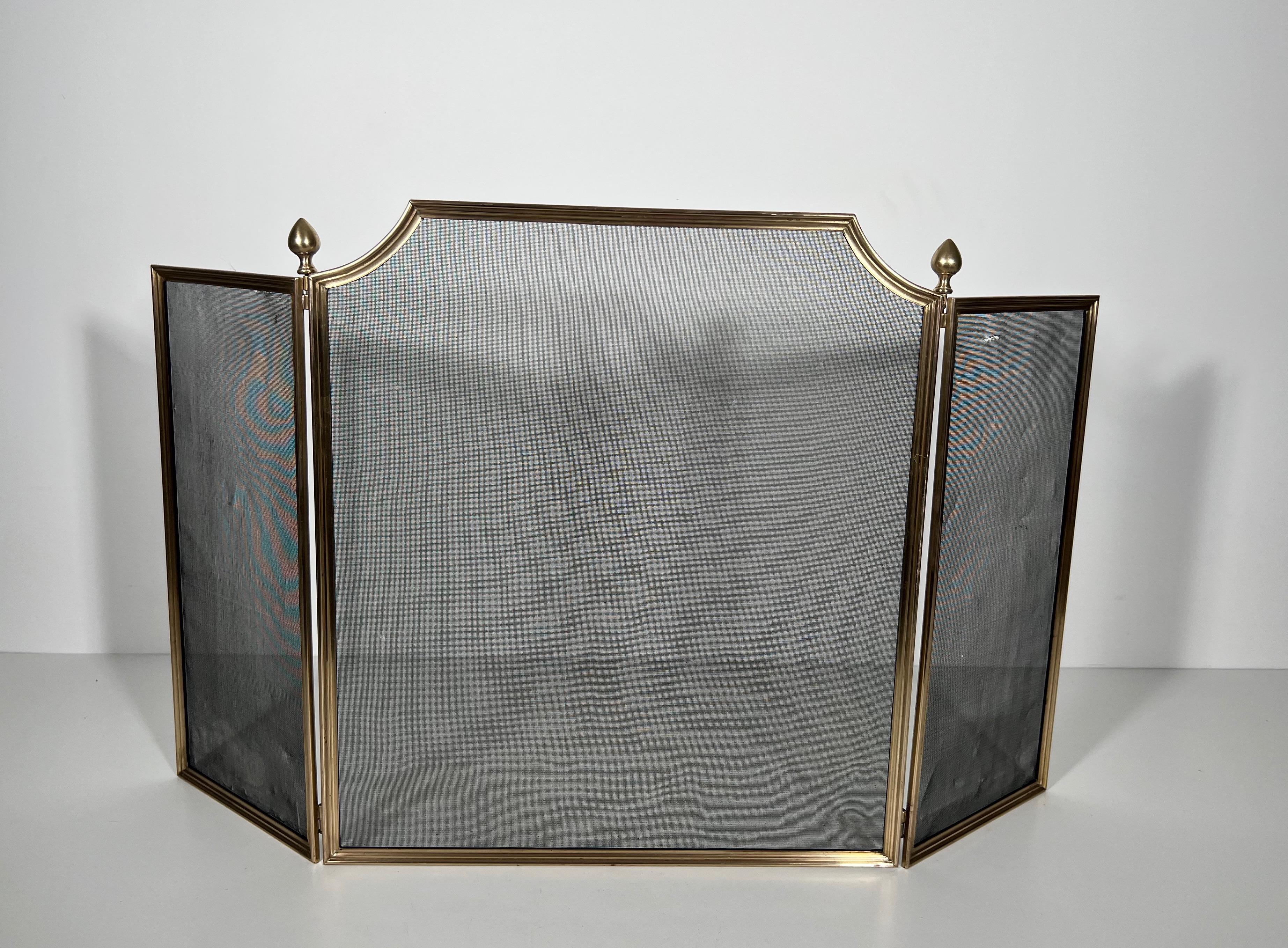 Neoclassical Brushed Steel, Brass and Grilling Fireplace Screen in the style of Maison Jansen For Sale