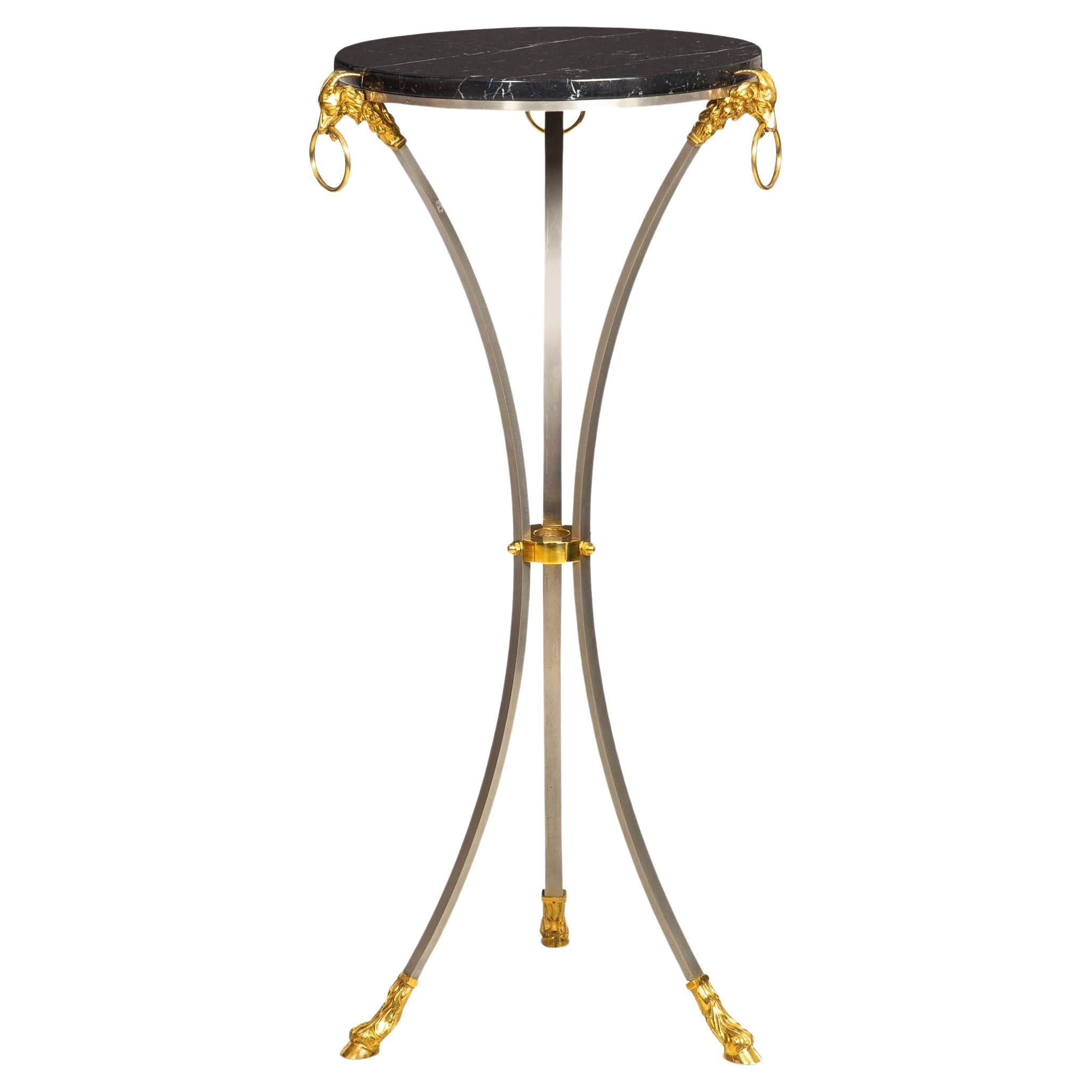 Brushed Steel, Brass, Marble Ram’s Head Pedestal Table  manner of Jansen