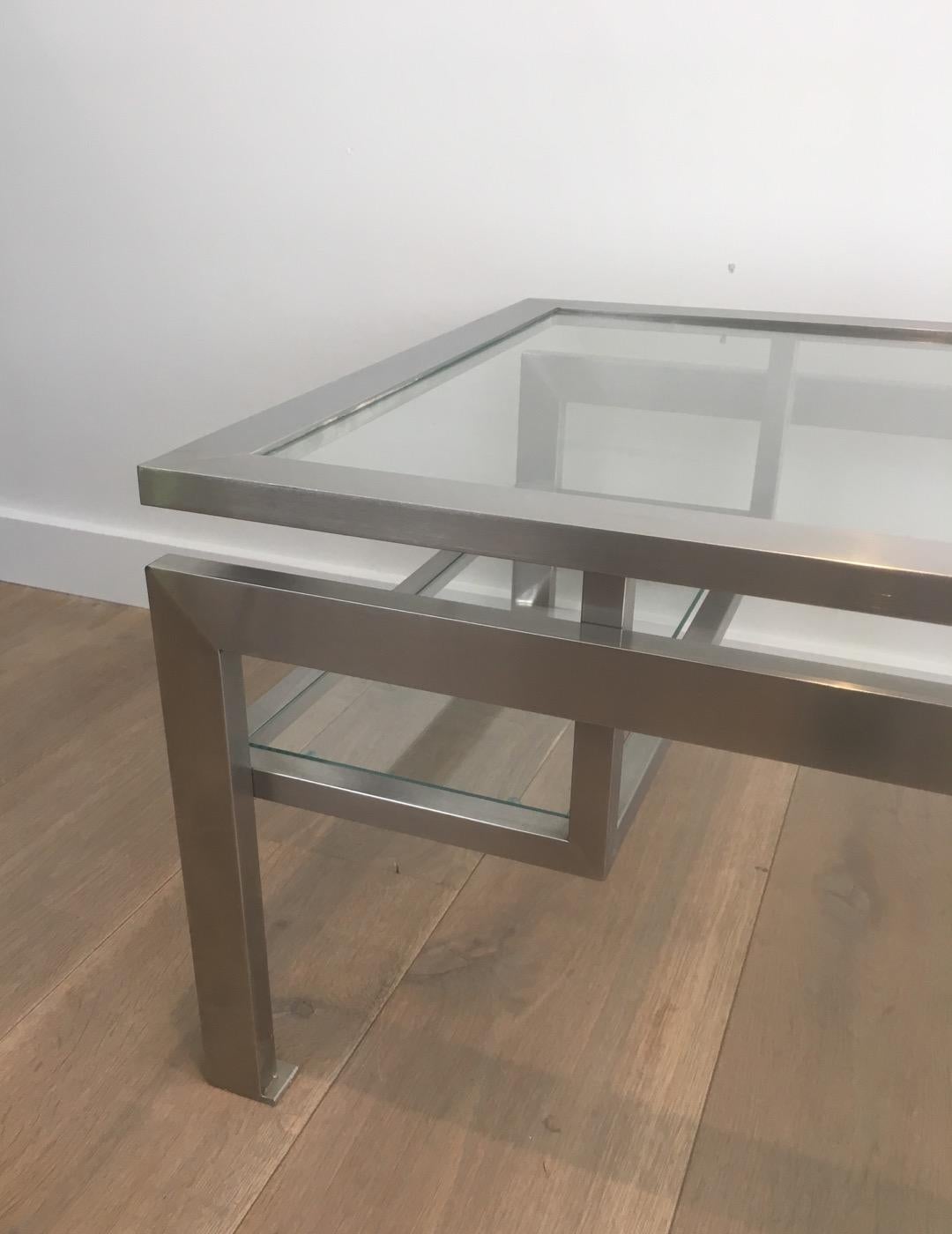 Mid-Century Modern Brushed Steel Coffee Table with Small Glass on Each Side