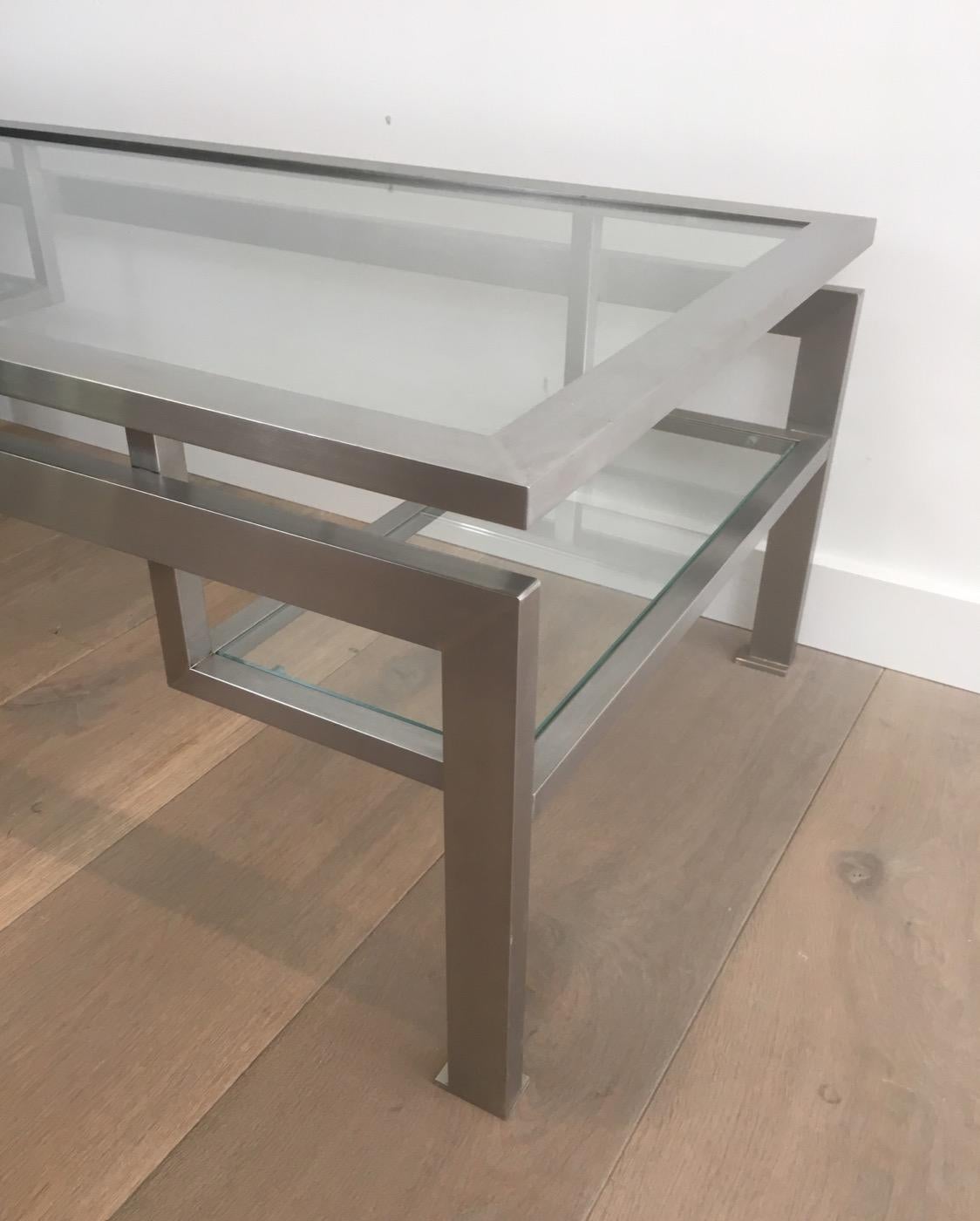 French Brushed Steel Coffee Table with Small Glass on Each Side