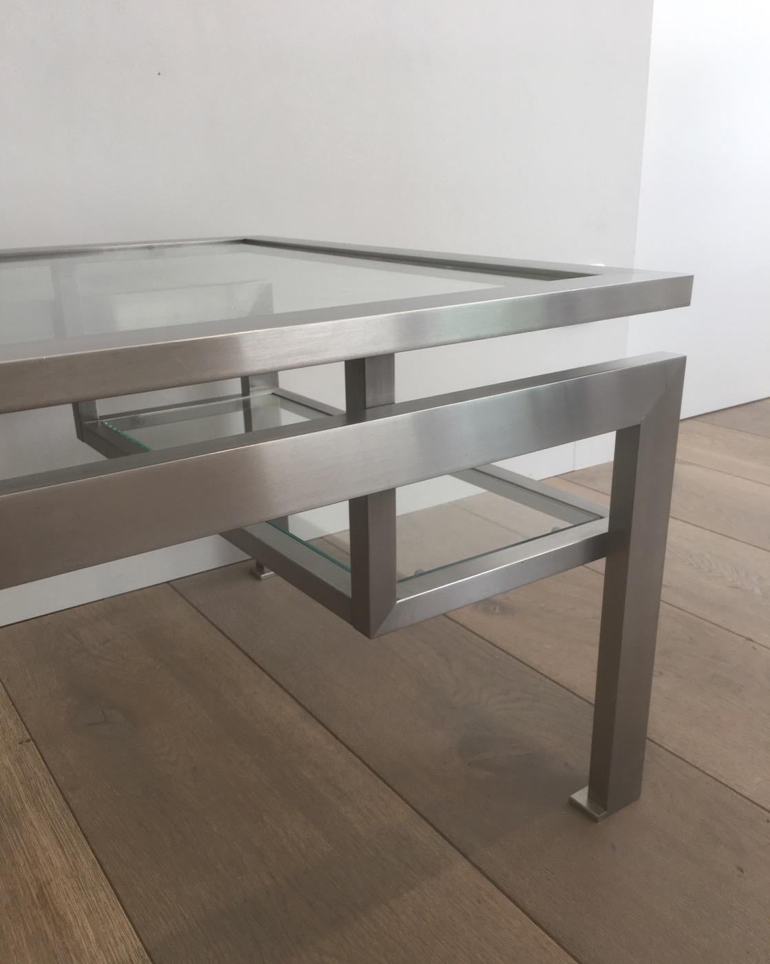 Brushed Steel Coffee Table with Small Glass on Each Side In Good Condition In Marcq-en-Barœul, Hauts-de-France