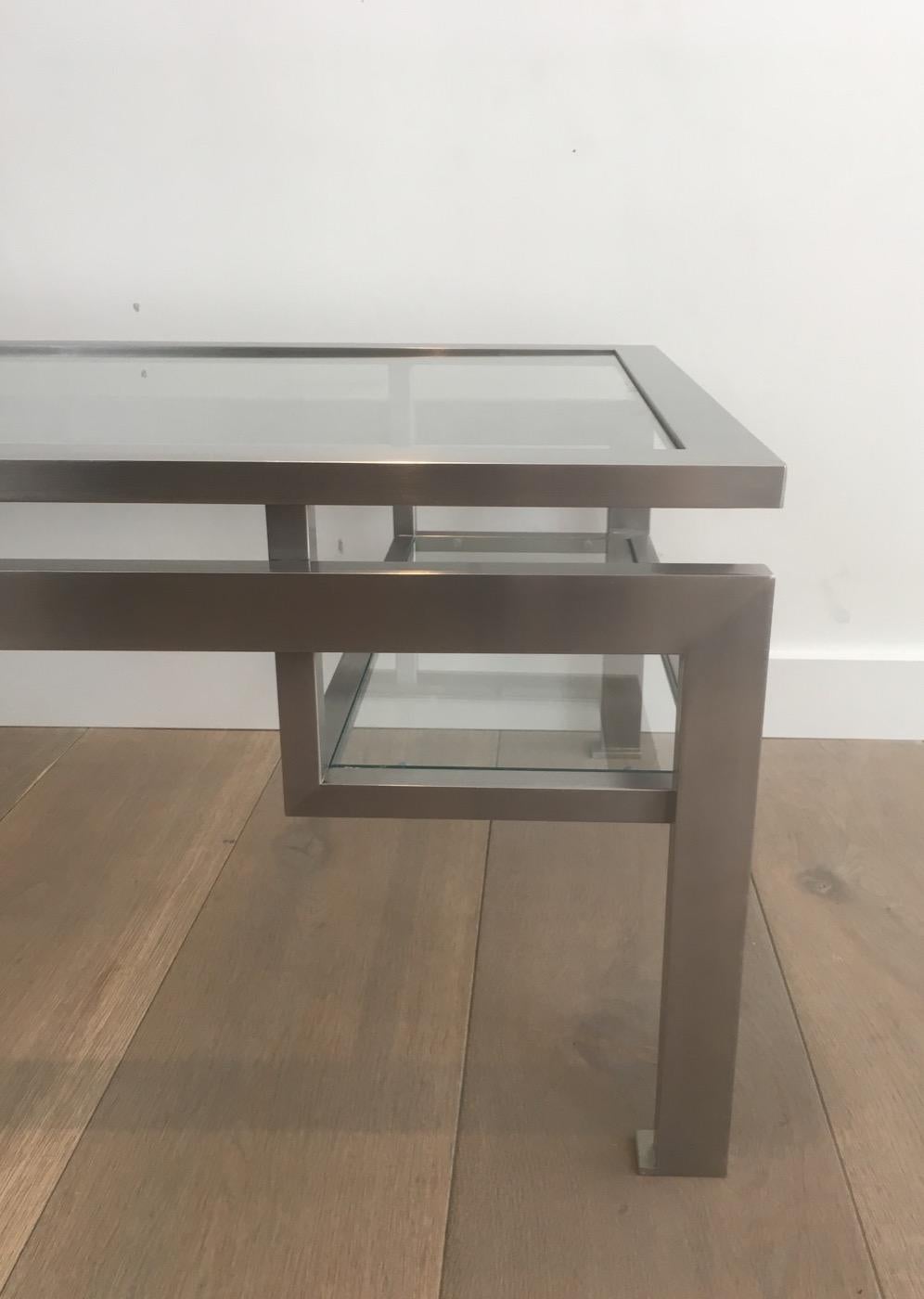 Mid-20th Century Brushed Steel Coffee Table with Small Glass on Each Side