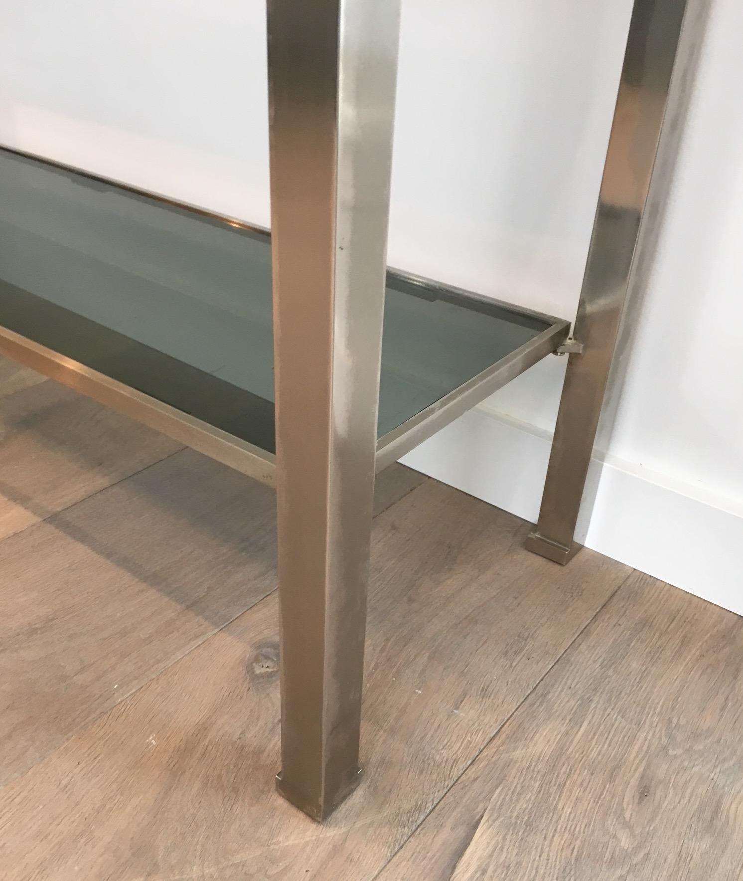 Brushed Steel Console Table with Glass Tops, by Guy Lefèvre for Maison Jansen For Sale 4