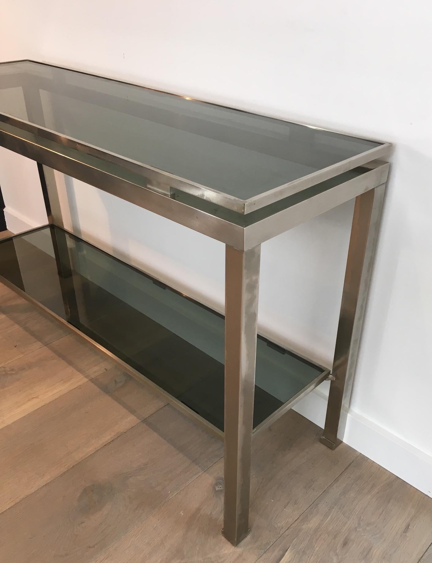 Brushed Steel Console Table with Glass Tops, by Guy Lefèvre for Maison Jansen For Sale 5