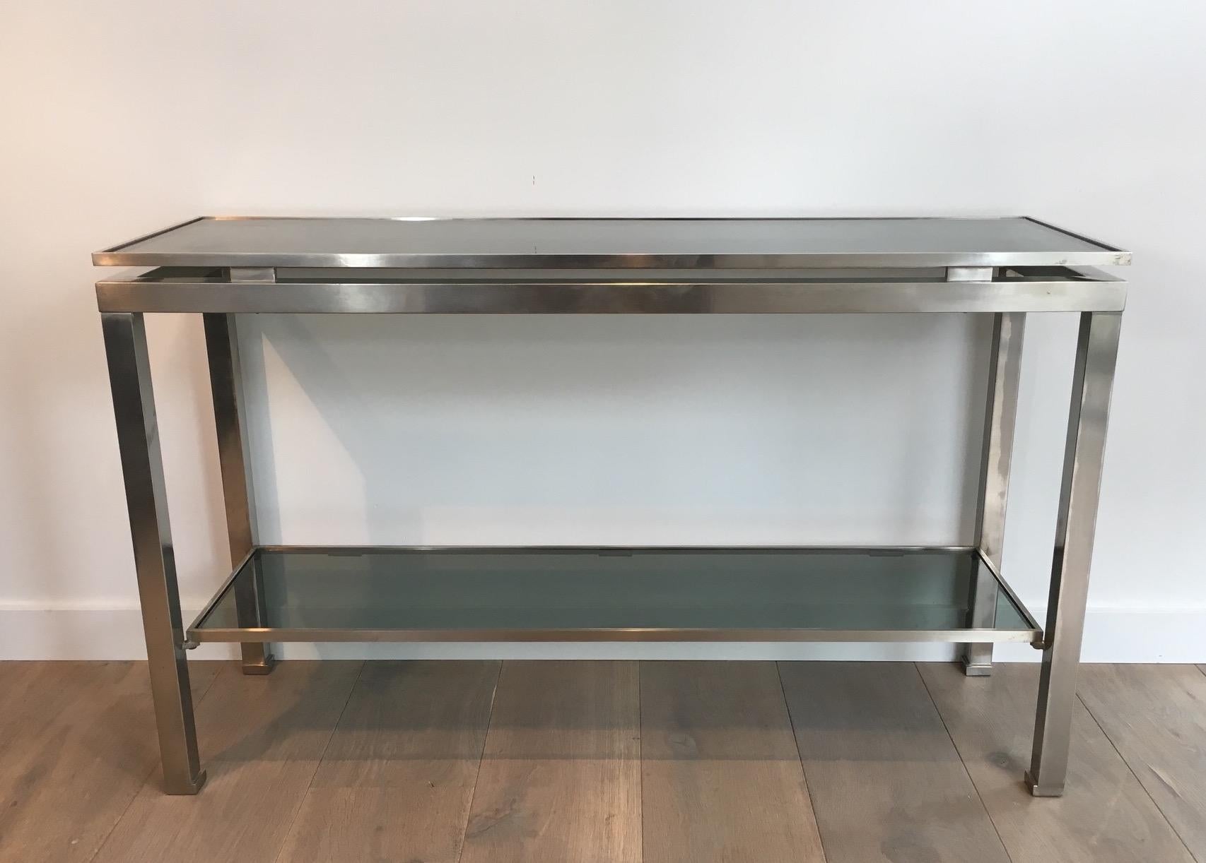 Brushed Steel Console Table with Glass Tops, by Guy Lefèvre for Maison Jansen For Sale 7