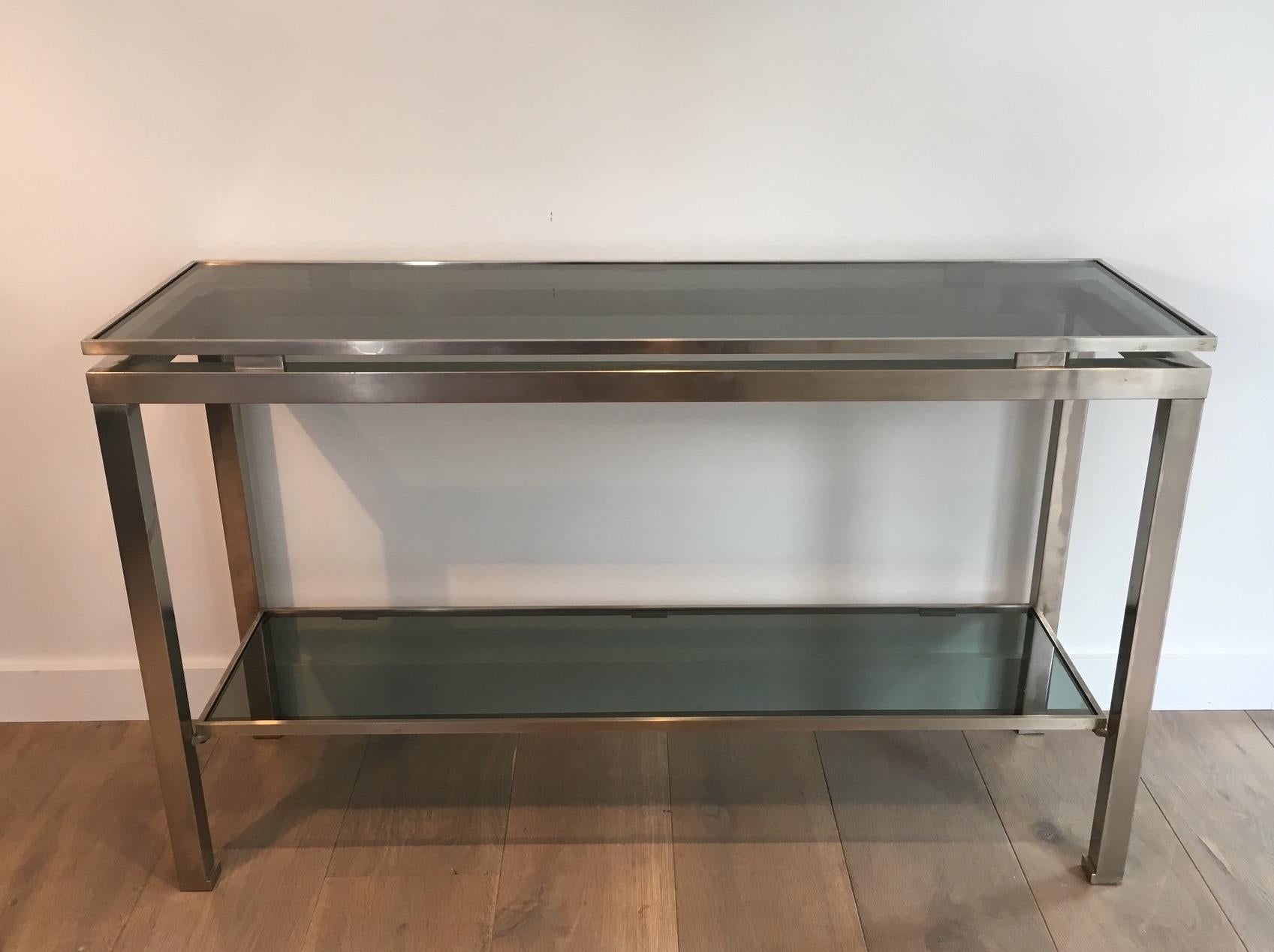 Brushed Steel Console Table with Glass Tops, by Guy Lefèvre for Maison Jansen For Sale 8