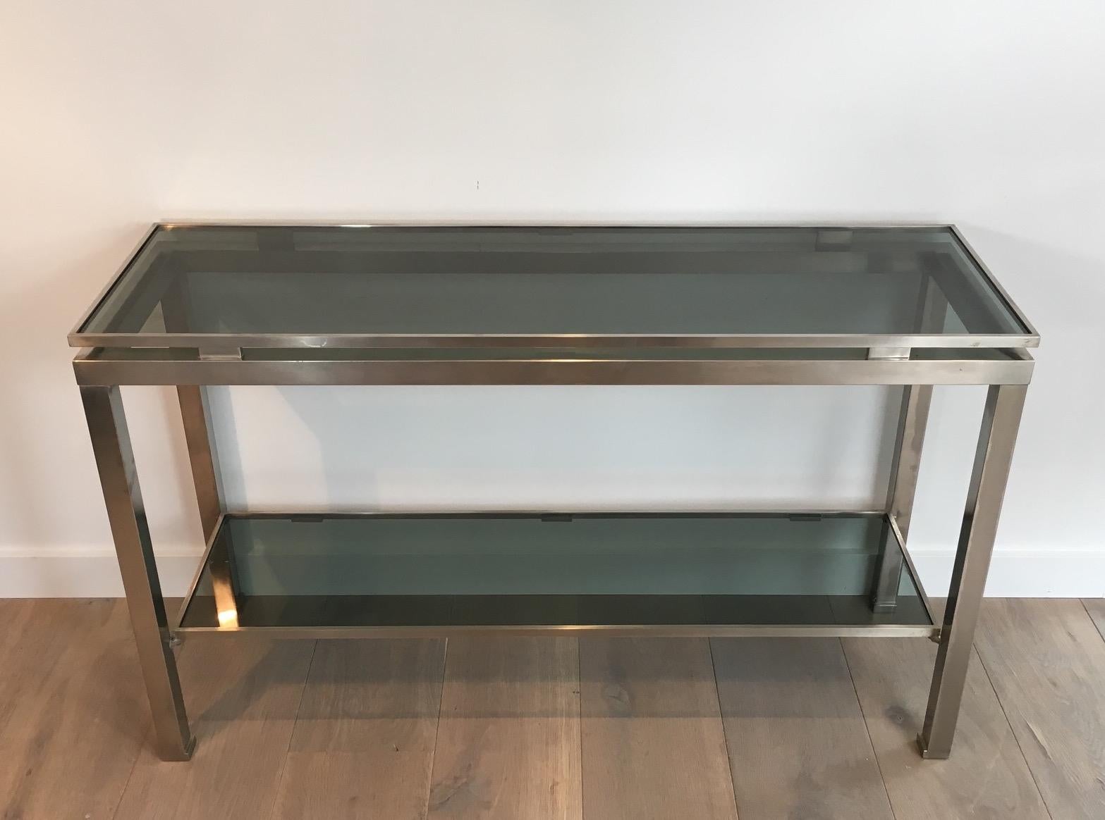 Konsolentisch aus gebürstetem Stahl mit Glasplatten, von Guy Lefèvre für Maison Jansen im Angebot 8