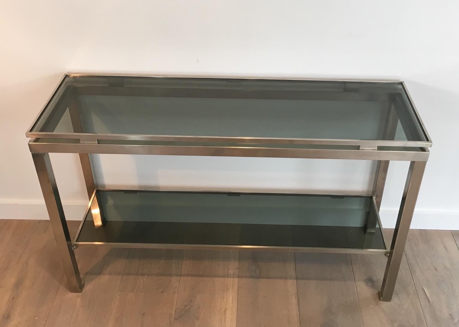 Brushed Steel Console Table with Glass Tops, by Guy Lefèvre for Maison Jansen For Sale 10