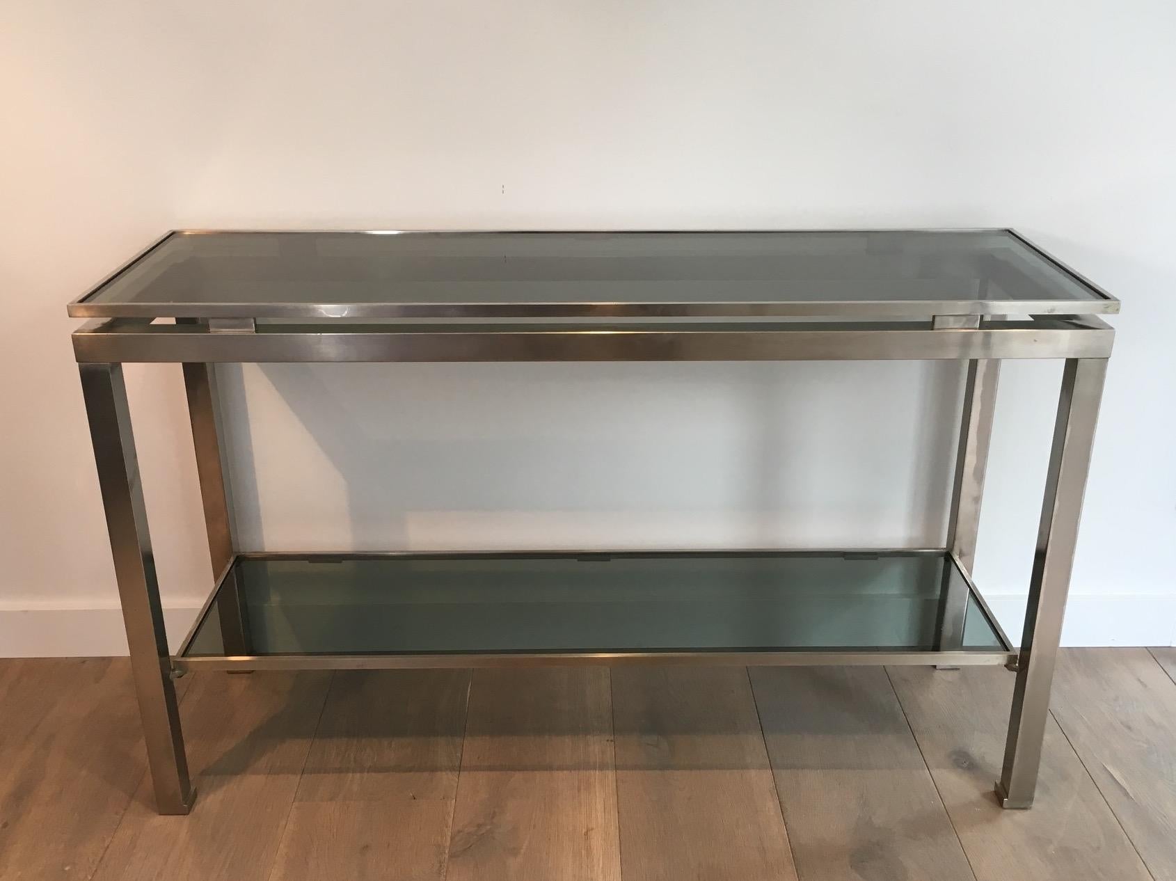 Brushed Steel Console Table with Glass Tops, by Guy Lefèvre for Maison Jansen For Sale 11