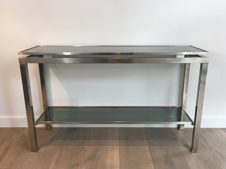 Brushed Steel Console Table with Blueish Glass Tops, by Guy Lefèvre for