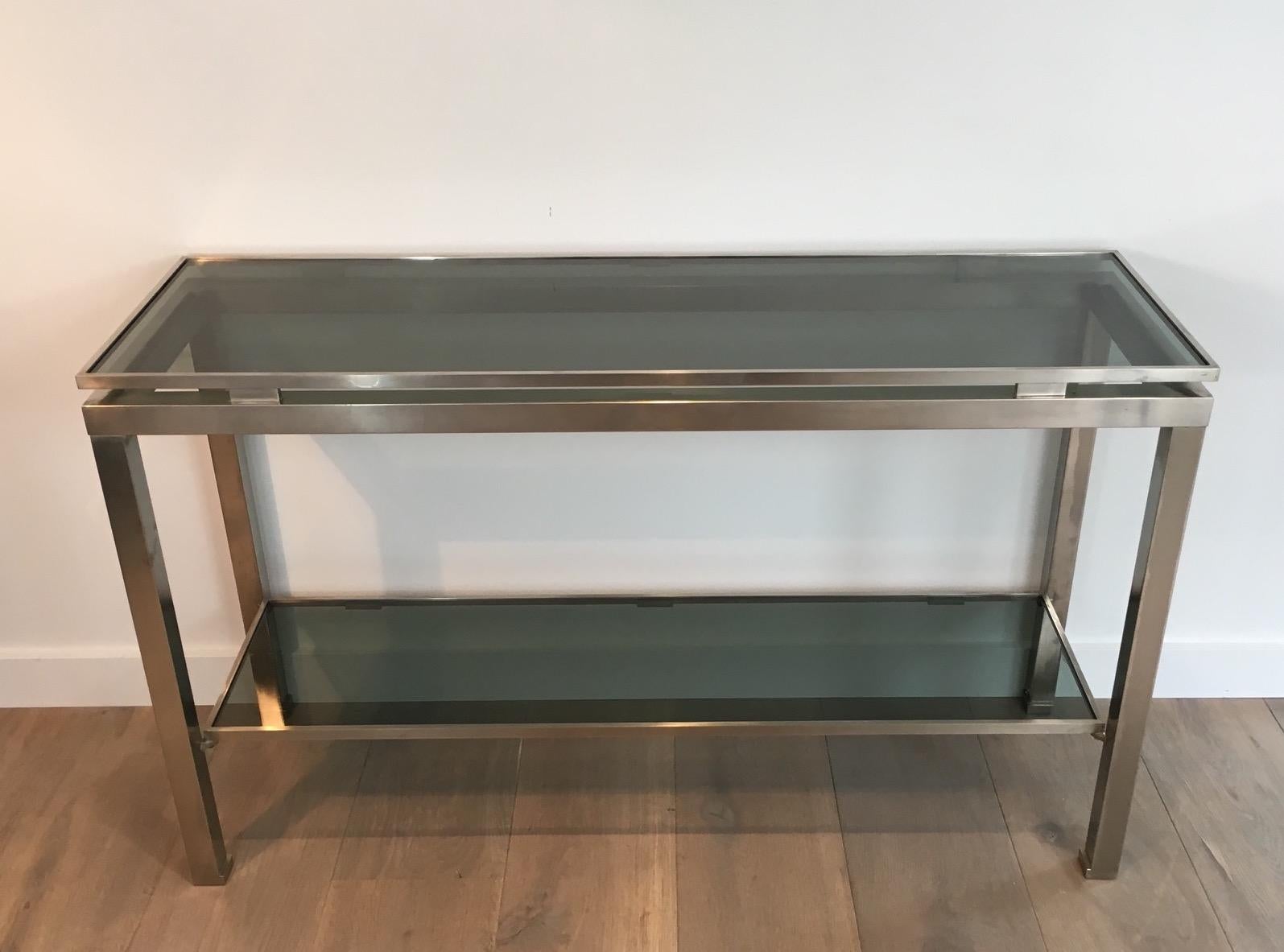 Brushed Steel Console Table with Glass Tops, by Guy Lefèvre for Maison Jansen For Sale 13