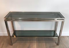 Brushed Steel Console Table with Glass Tops, by Guy Lefèvre for Maison Jansen