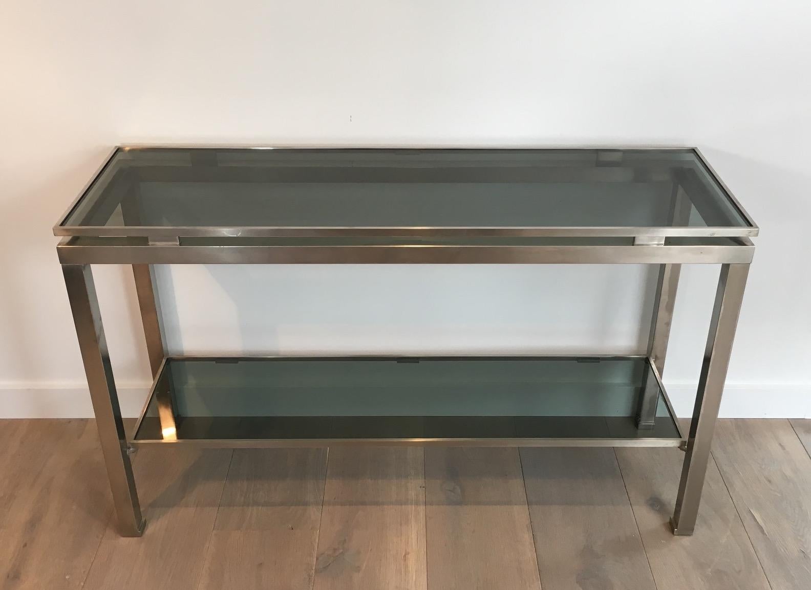 French Brushed Steel Console Table with Glass Tops, by Guy Lefèvre for Maison Jansen For Sale