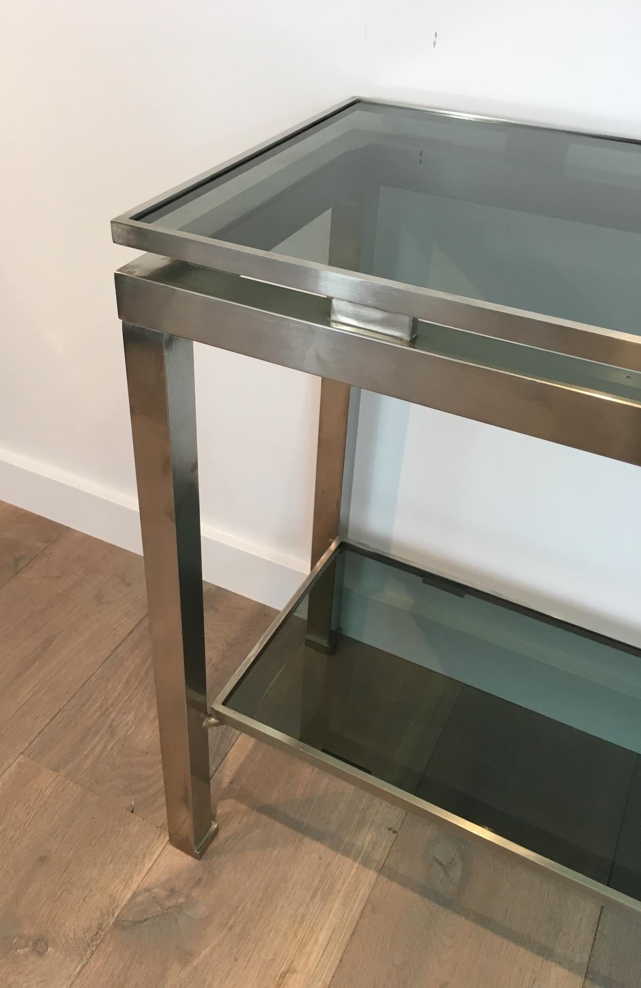Brushed Steel Console Table with Glass Tops, by Guy Lefèvre for Maison Jansen In Good Condition For Sale In Marcq-en-Barœul, Hauts-de-France