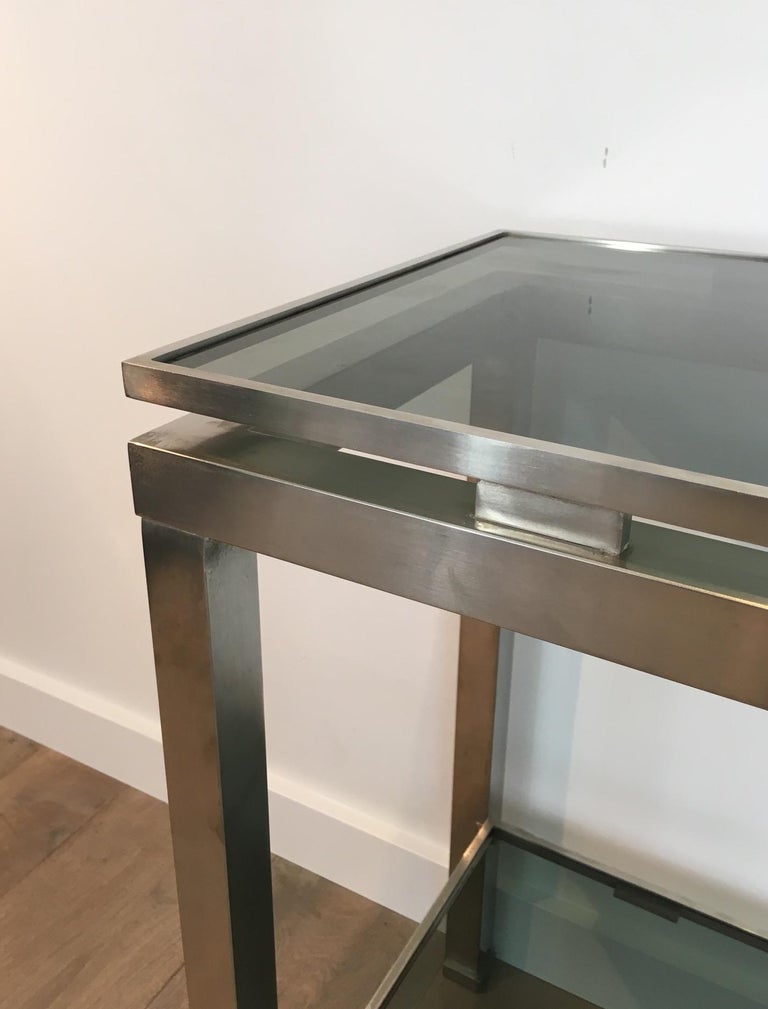 Brushed Steel Console Table with Blueish Glass Tops, by Guy Lefèvre for
