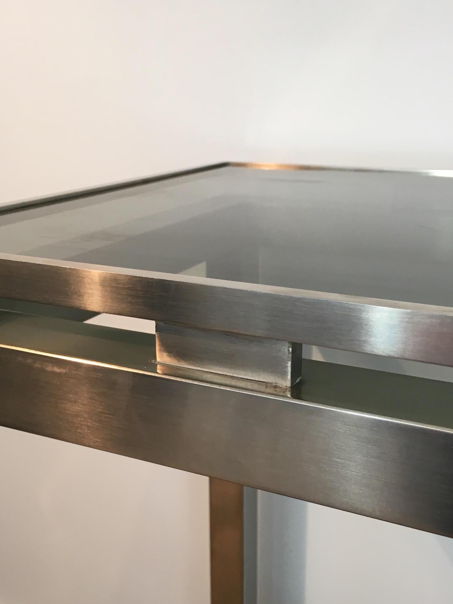Brushed Steel Console Table with Glass Tops, by Guy Lefèvre for Maison Jansen For Sale 1