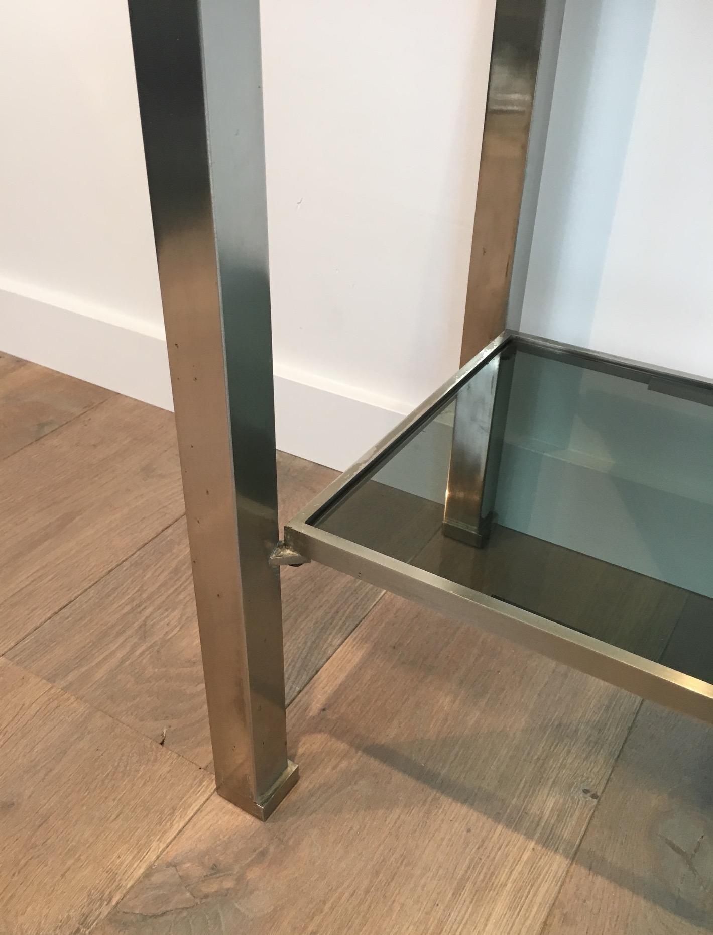 Konsolentisch aus gebürstetem Stahl mit Glasplatten, von Guy Lefèvre für Maison Jansen im Angebot 1