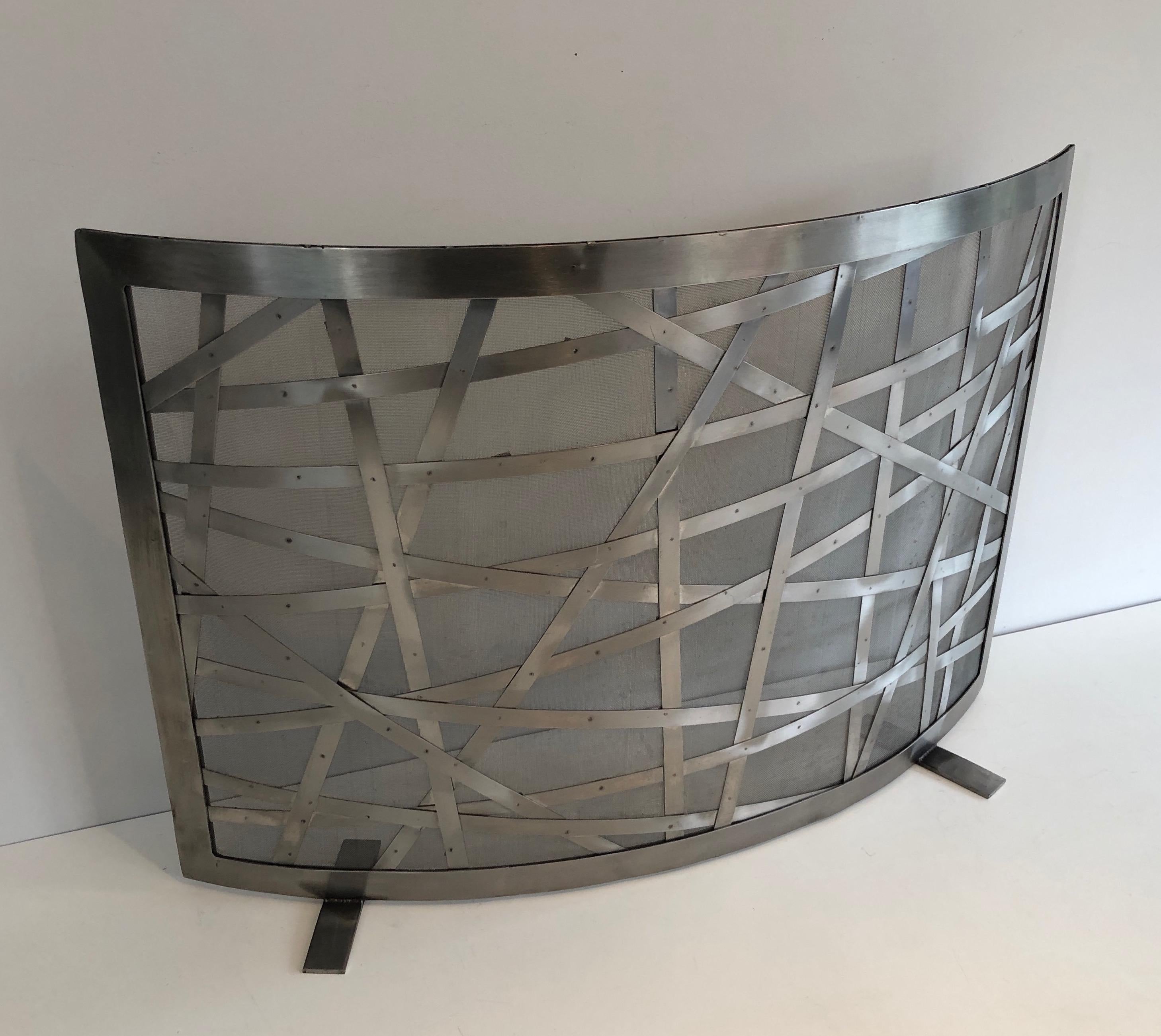 Mid-Century Modern Brushed Steel Design Fireplace Screen, French, Circa 1970
