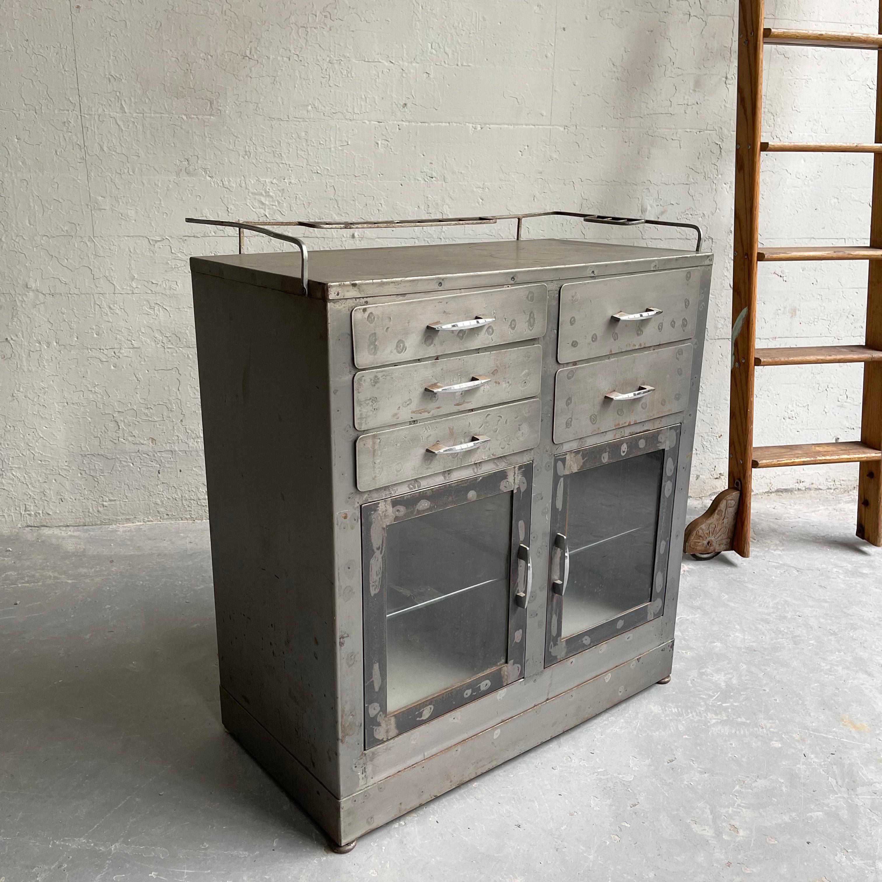 Brushed Steel Industrial Nurse Station Apothecary Cabinet In Good Condition In Brooklyn, NY